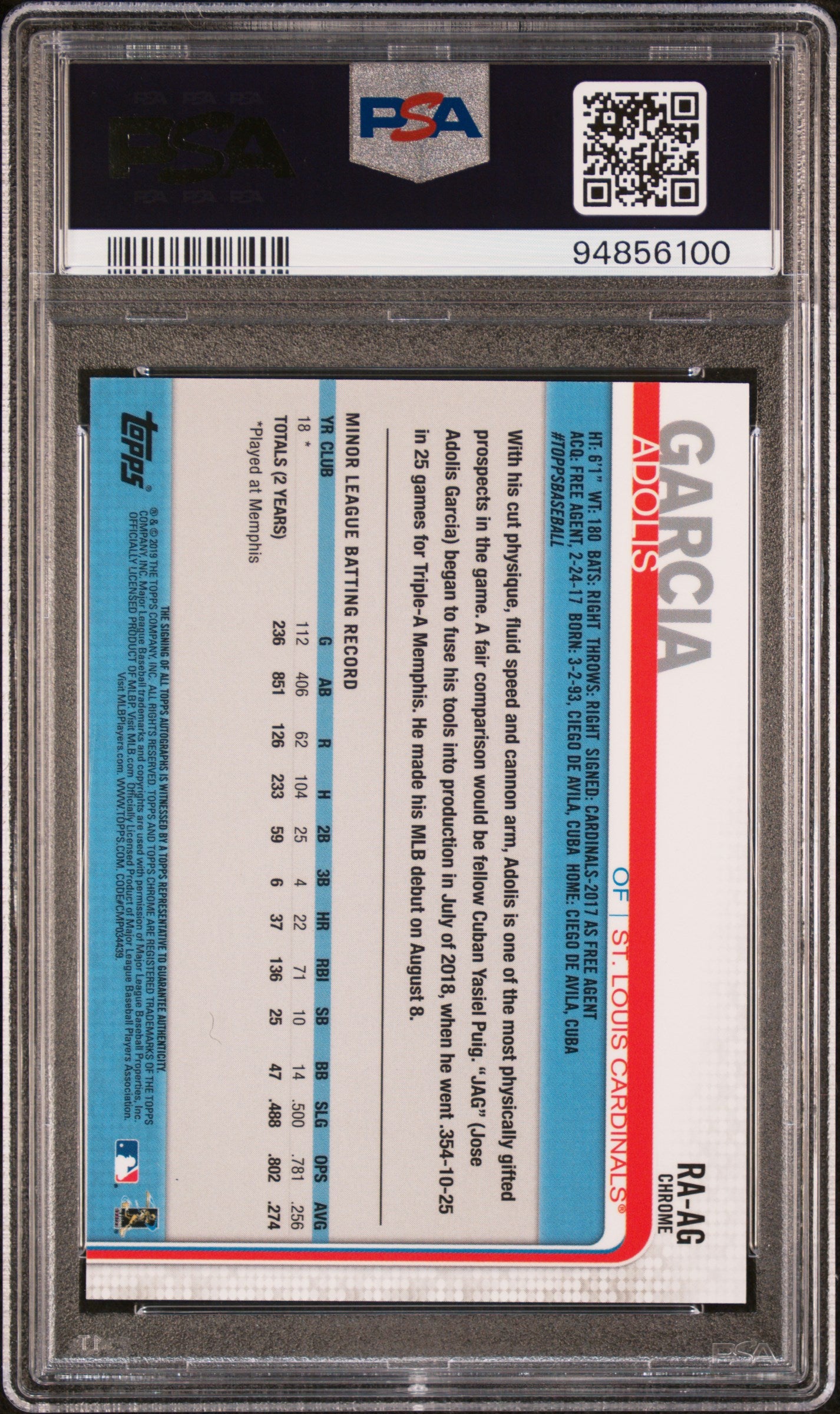 Adolis Garcia 2019 Topps Chrome Rookie Auto PSA 10 Auto 10