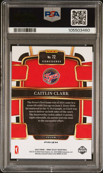 Caitlin Clark 2024 Panini Select WNBA Rookie #72 Silver Prizm PSA 10 Gem Mint
