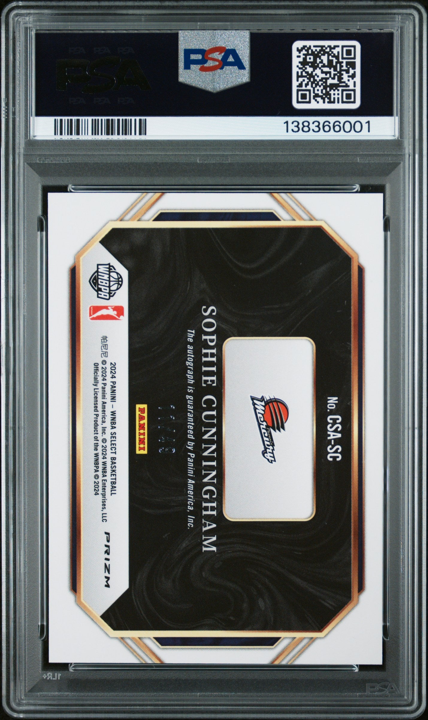 Sophie Cunningham 2024 Panini Select WNBA Courtside Action Blue Auto #11/49 PSA 9 Auto 10