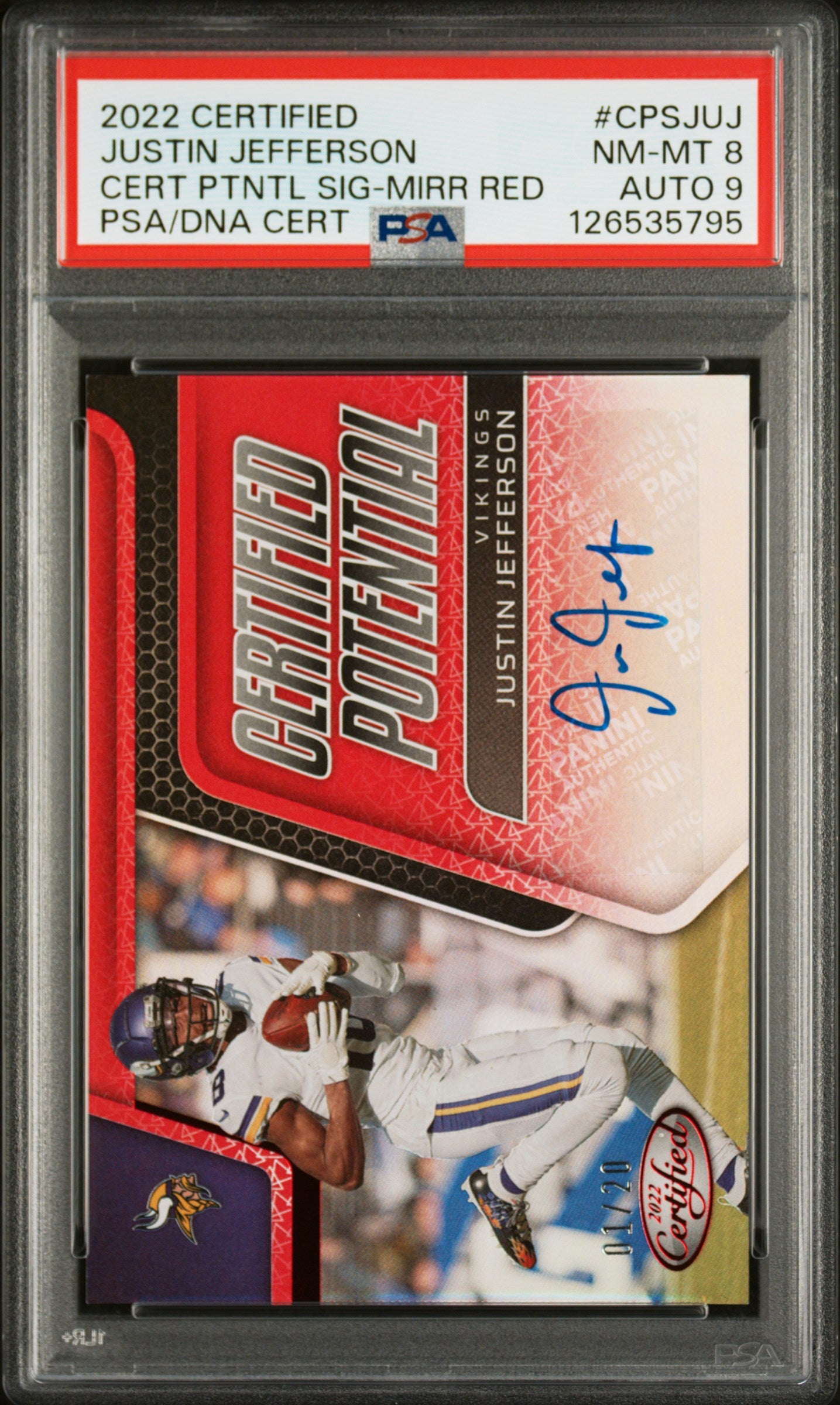 Justin Jefferson 2022 Panini Certified Potential Mirror Red Autograph #1/20 PSA 8 Auto 9