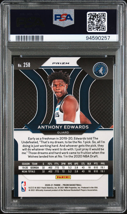 Anthony Edwards 2020 Panini Prizm Silver Prizm #258 PSA 9 Mint 0257