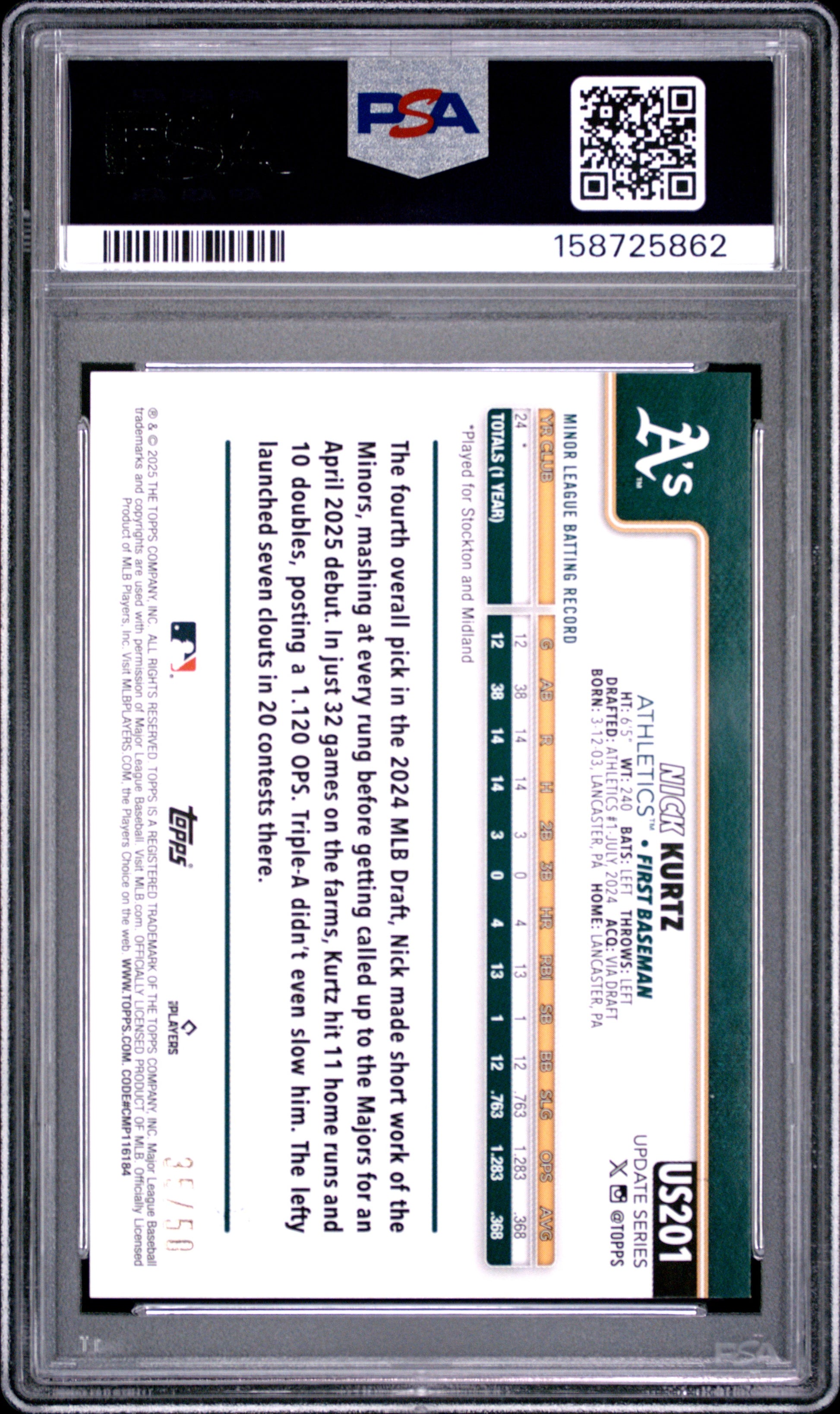 Nick Kurtz 2025 Topps Update #201 Gold Holofoil #35/50 PSA 9 Mint