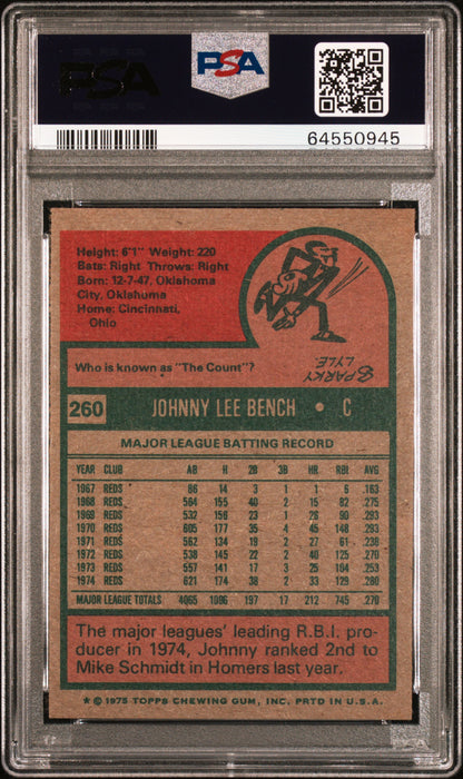 Johnny Bench 1975 Topps #260 PSA 9 Mint