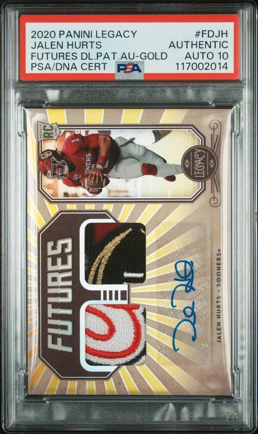Jalen Hurts 2020 Panini Legacy Futures Dual Patch Auto #4/10 PSA Auth Auto 10