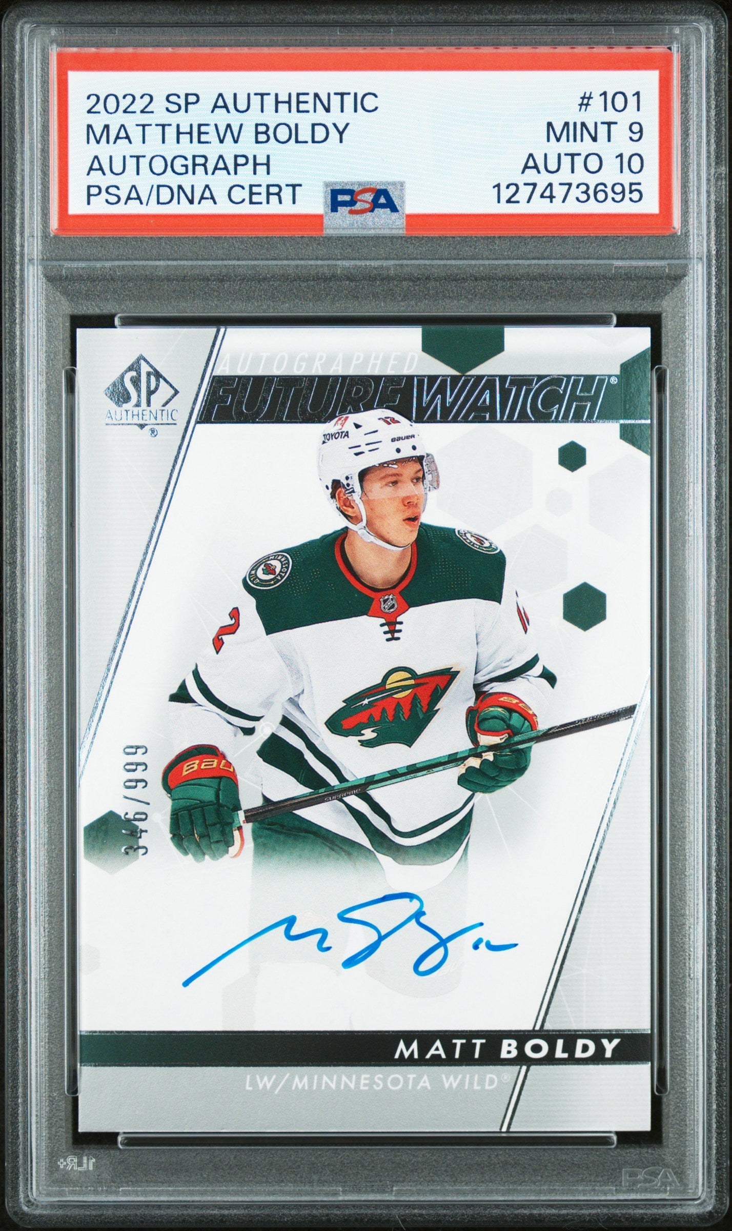 Matt Boldy 2022 SP Authentic Future Watch Rookie Auto #346/999 PSA 9 Auto 10