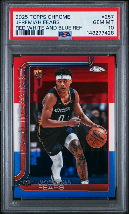 Jeremiah Fears 2025 Topps Chrome Rookie #257 Red White Blue Refractor PSA 10 Gem Mint