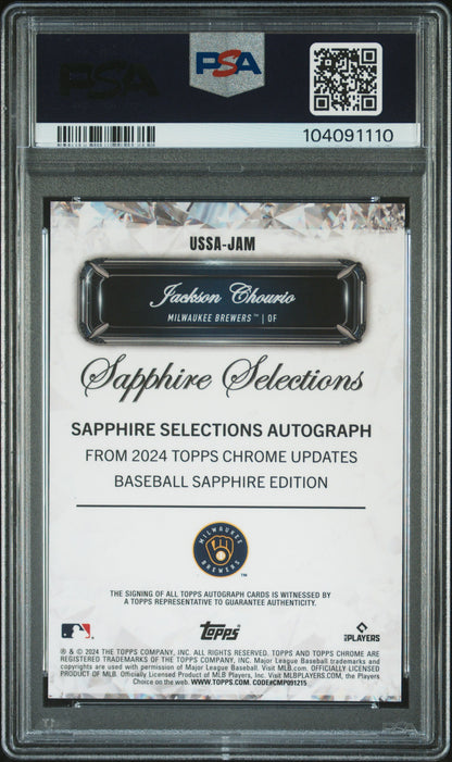 Jackson Chourio 2024 Topps Chrome Update Sapphire Orange Auto #22/25 PSA 10 Gem Mint