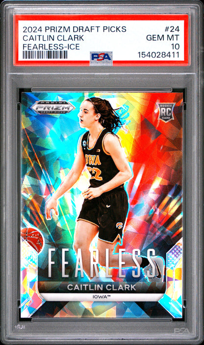Caitlin Clark 2024 Panini Prizm Draft Fearless Ice Parallel PSA 10 Gem Mint