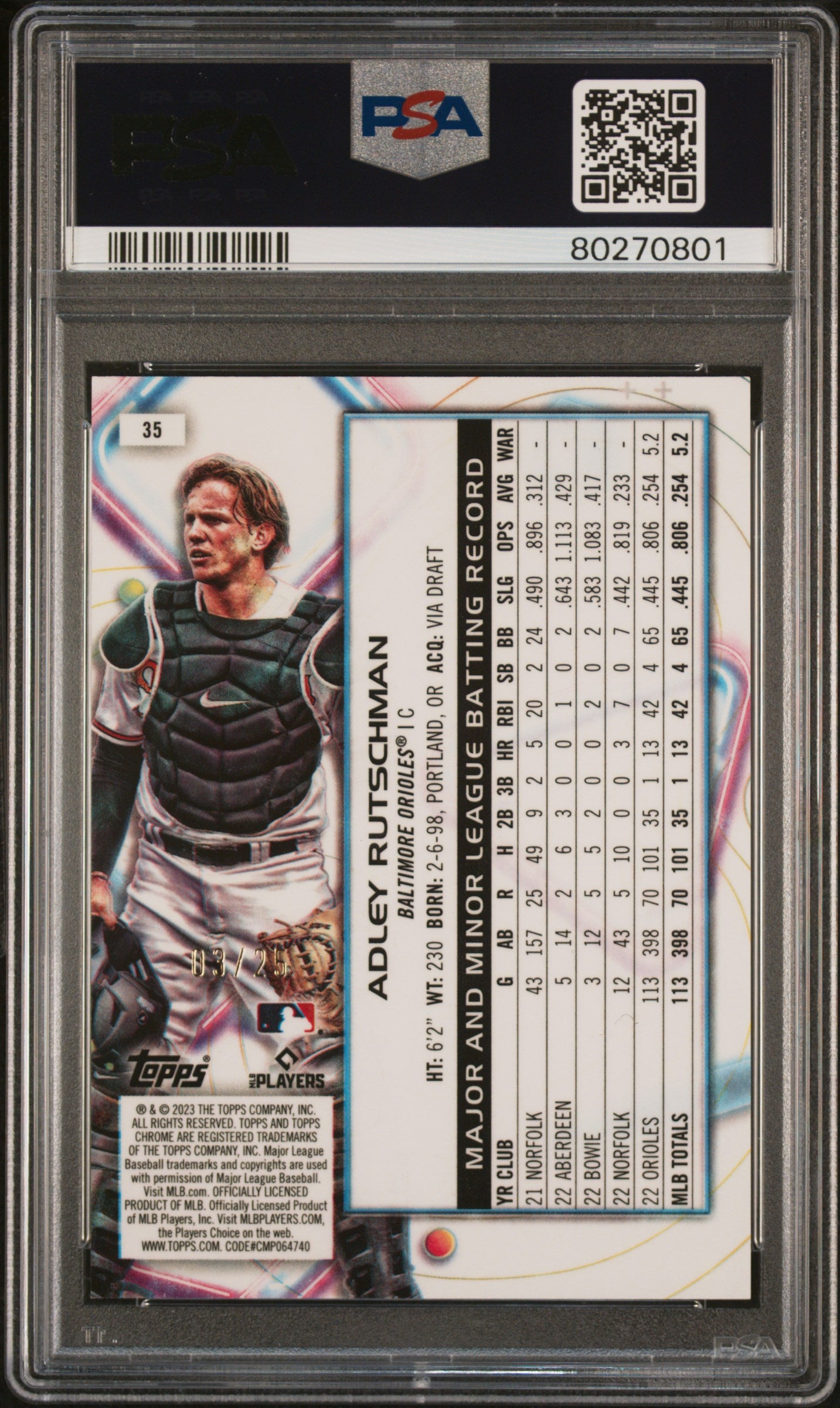 Adley Rutschman 2023 Topps Chrome Cosmic Orange Galactic Refractor #3/25 PSA 8 NM-MINT