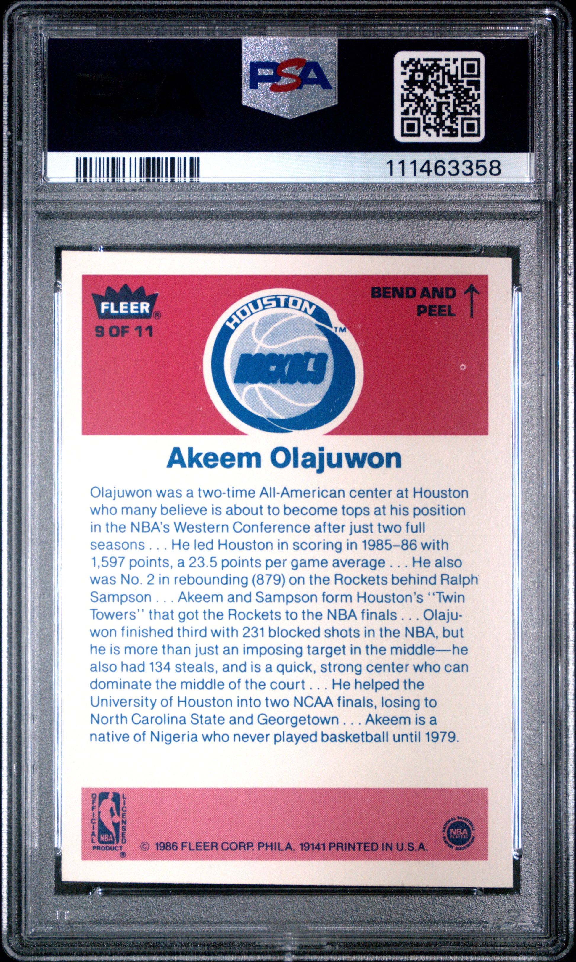 Akeem Olajuwon 1986 Fleer Sticker #9 PSA 8 Nm-Mint