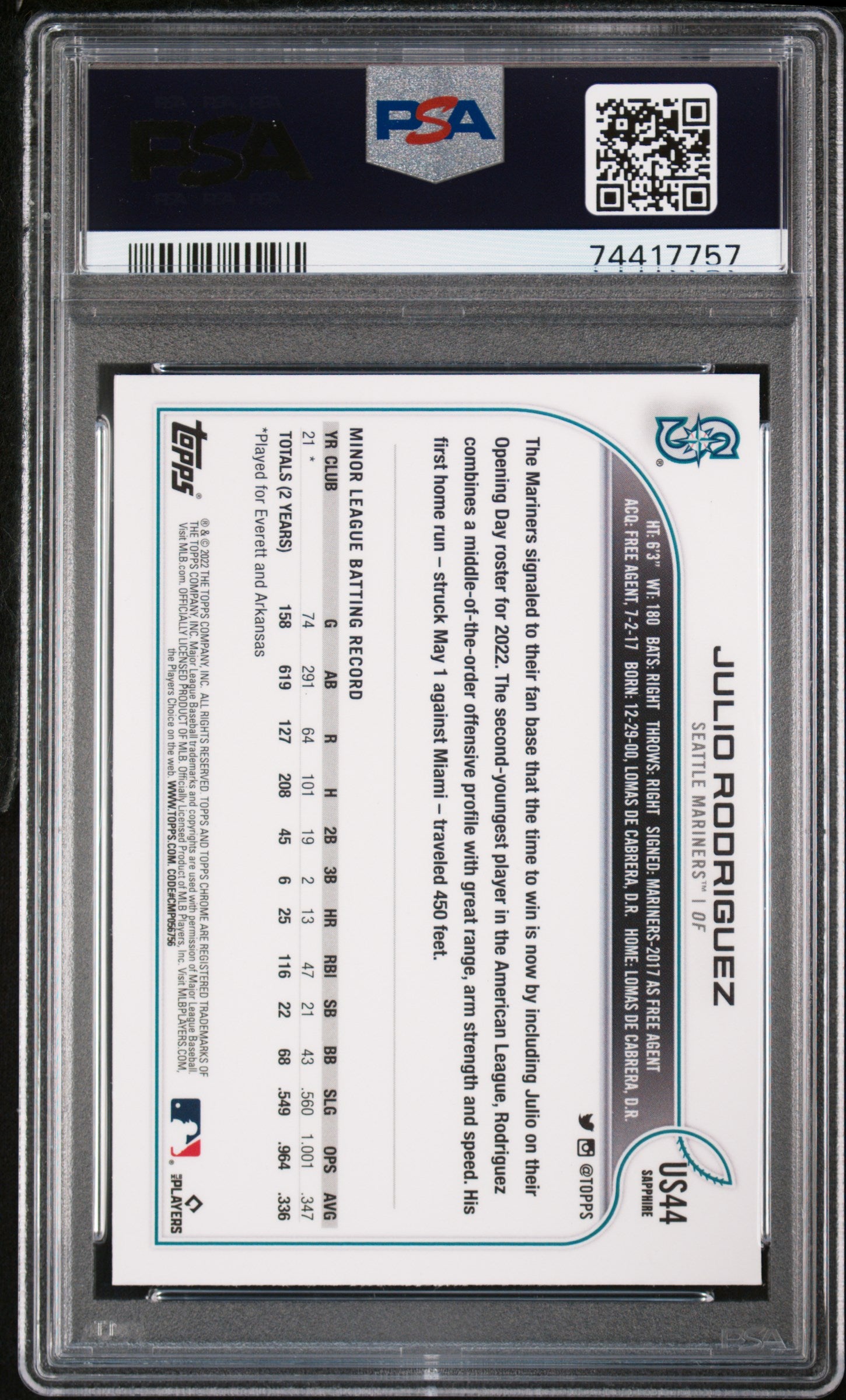 Julio Rodriguez 2022 Topps Chrome Update Sapphire Rookie #44  PSA 10 Gem Mint