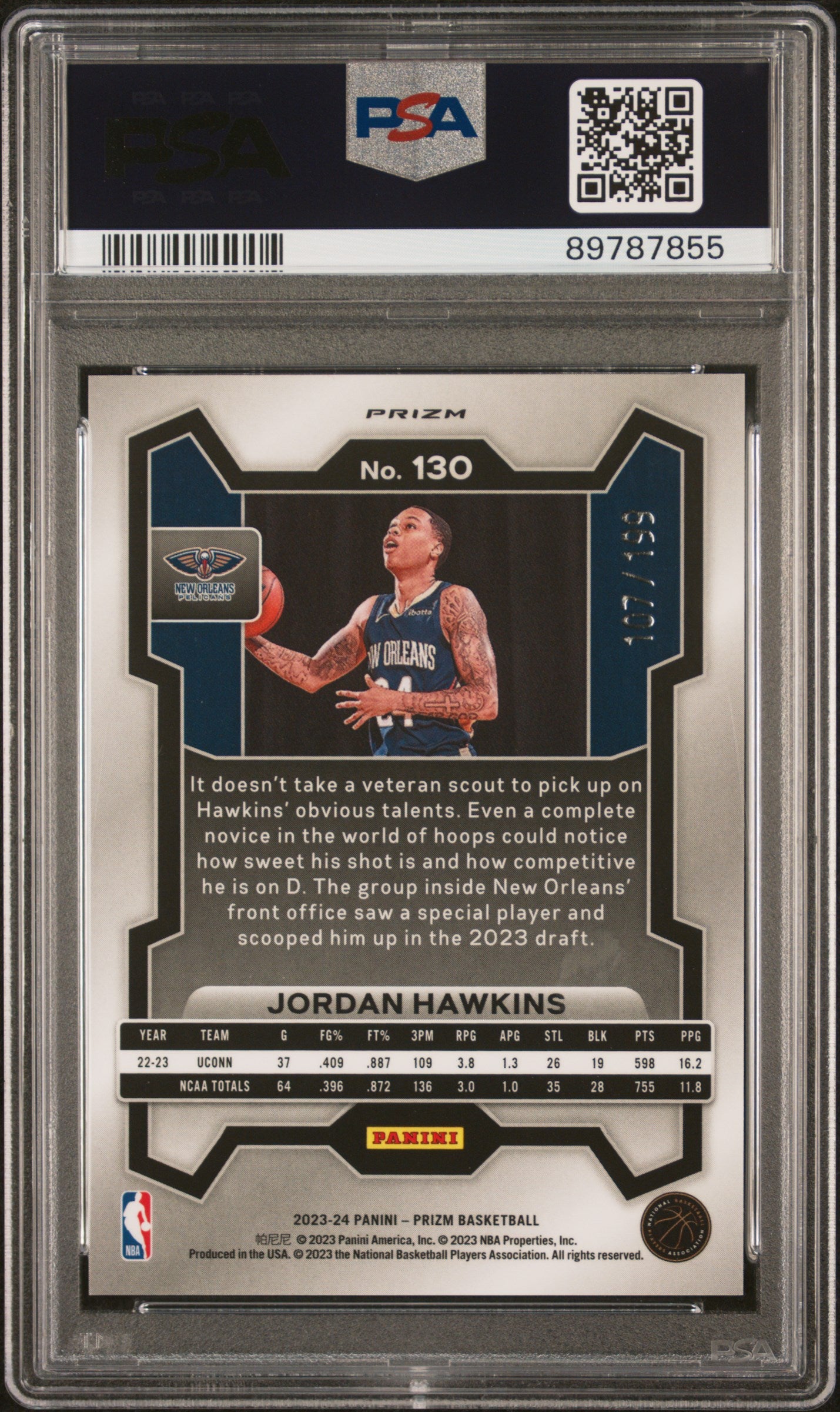Jordan Hawkins 2023 Prizm #130 Blue Prizm #107/199 PSA 10 Gem Mint