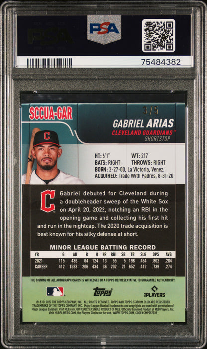 Gabreil Arias 2022 Stadium Club Chrome Red Refractor Auto #3/5 PSA 10 Auto 10
