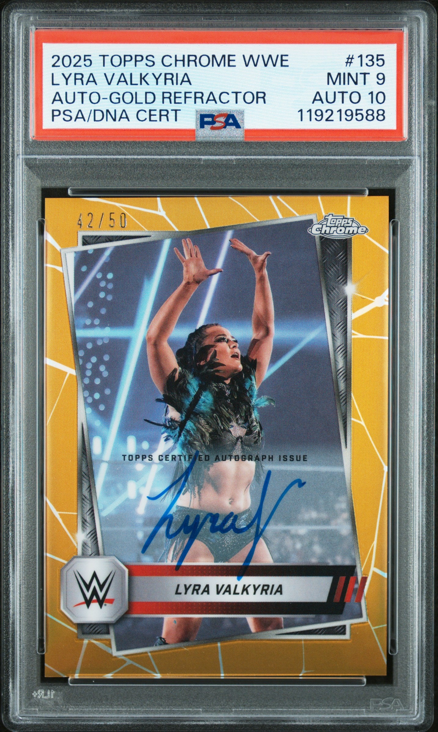 Lyra Valkyria 2025 Topps Chrome WWE Gold Refractor Auto #42/50 PSA 9 Auto 10