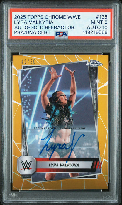 Lyra Valkyria 2025 Topps Chrome WWE Gold Refractor Auto #42/50 PSA 9 Auto 10