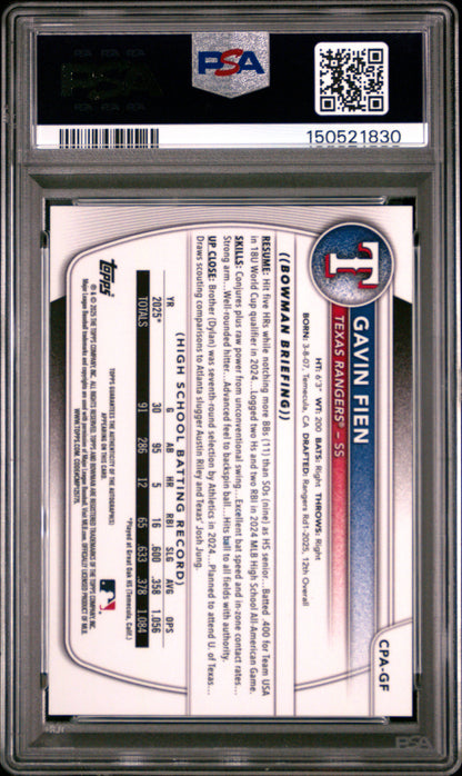 Gavin Fein 2025 Bowman Chrom Draft Aqua Lava Refactor Auto #90/199 PSA 10 Gem Mint