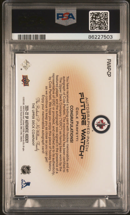 Cole Perfetti 2021 Upper Deck SP Authentic Future Patch Auto #97/100 PSA 8 Auto 10
