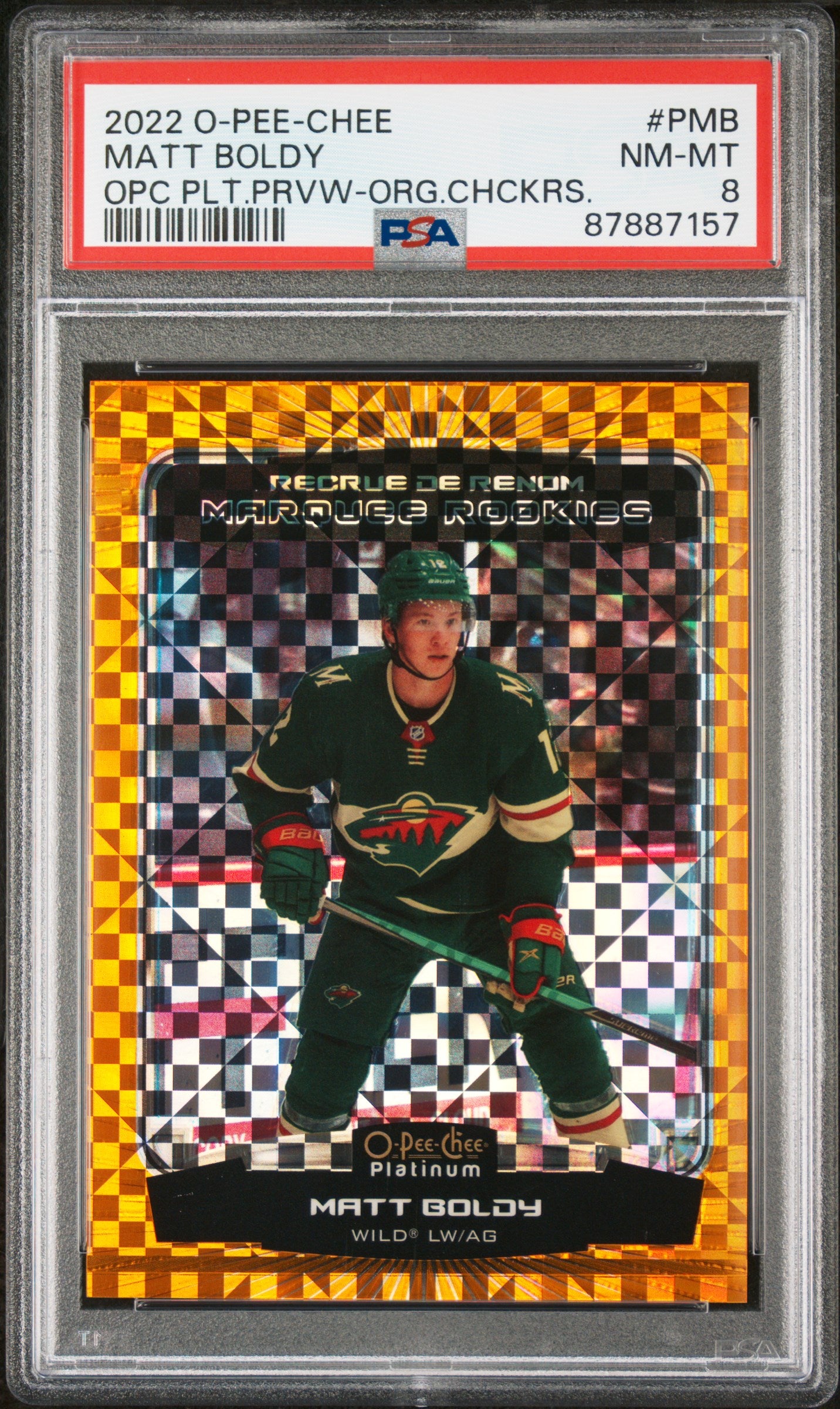Matt Boldy 2022 OPC Platinum Orange Checkers #13/15 PSA 8 Nm-Mint