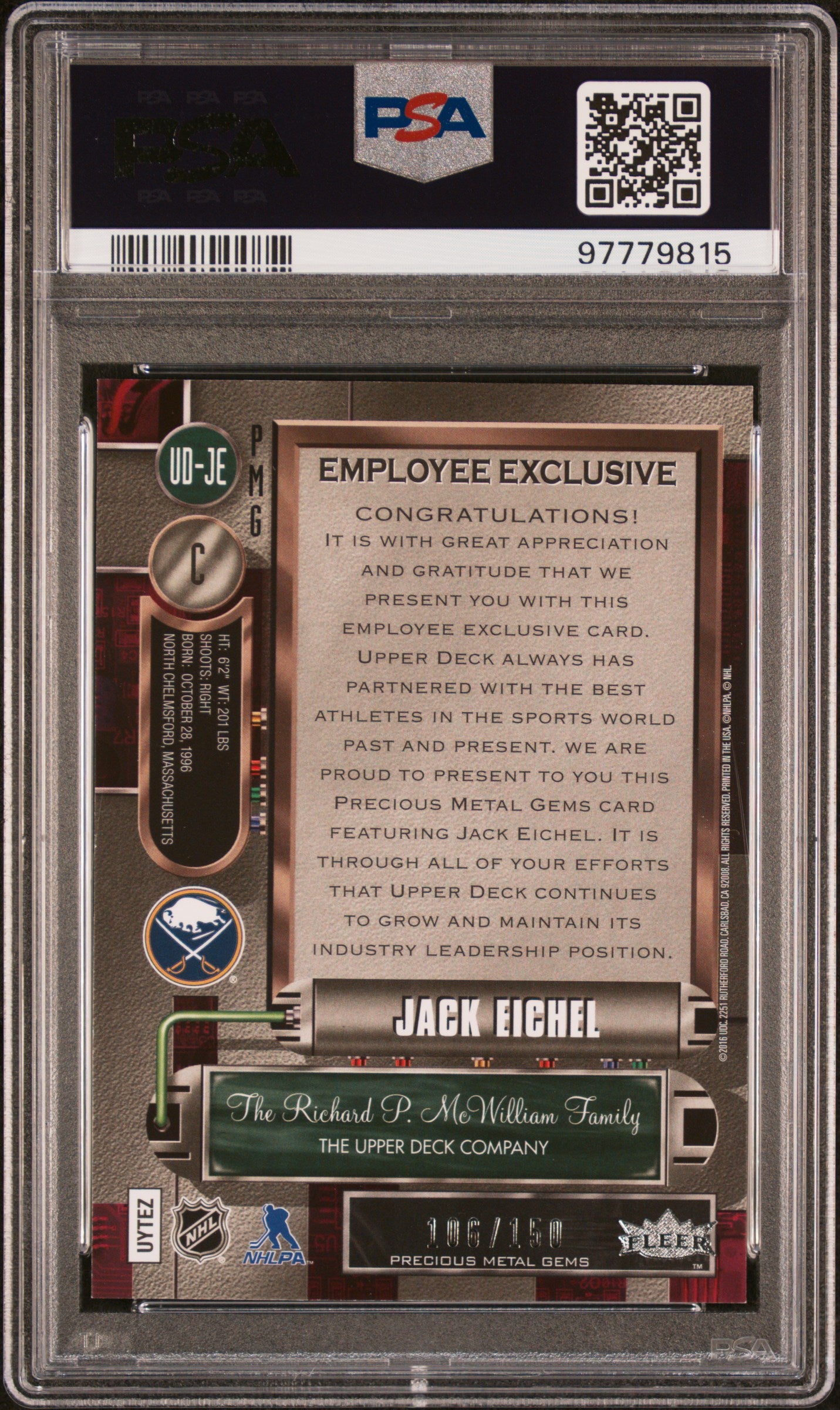Jack Eichel 2015 Upper Deck Employee Precious Metal Gems Purple #106/175 PSA 9 Mint