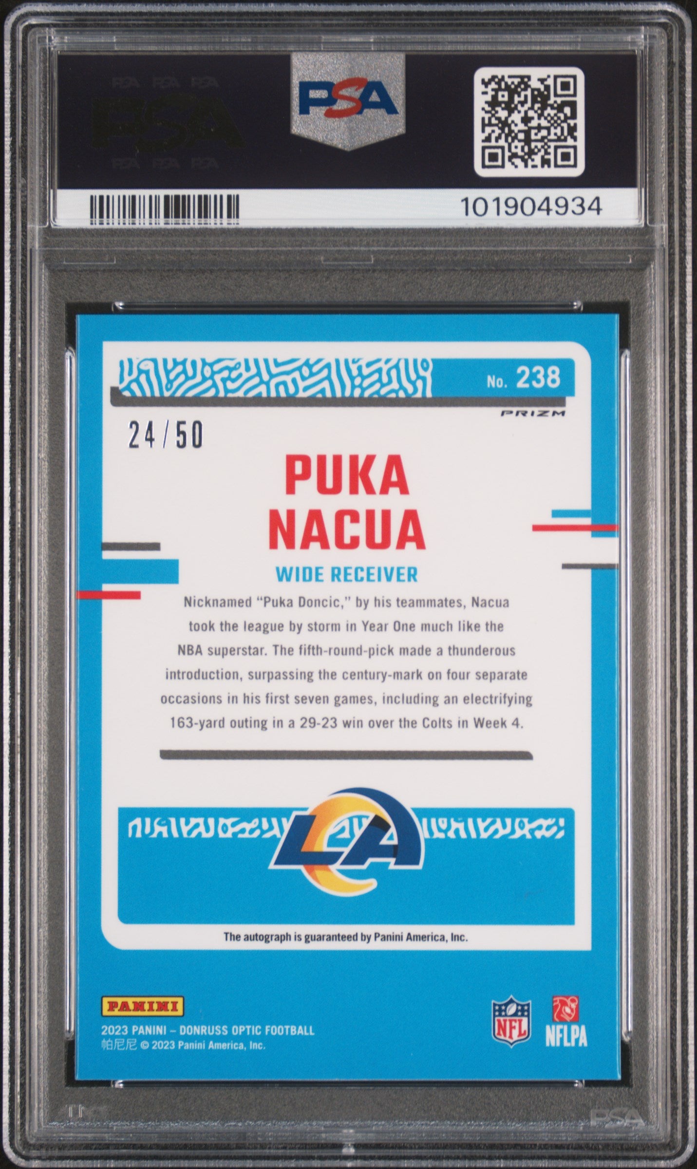Puka Nacua 2023 Panini Donruss Optic Purple Stars Autograph #24/50 PSA 9 Mint