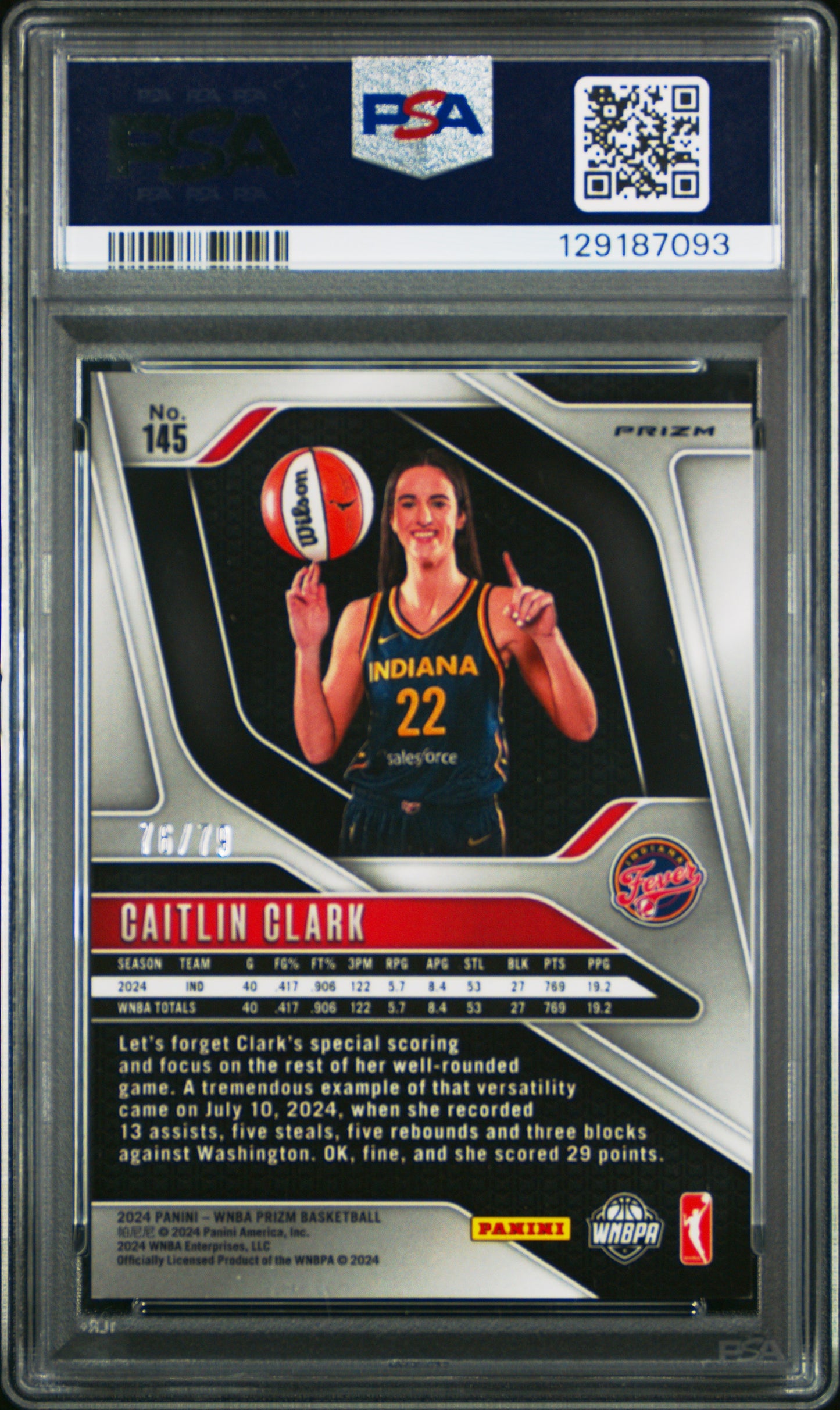 Caitlin Clark 2024 Panini Prizm WNBA Rookie #145 Pink Velocity #76/79 PSA 10 Gem Mint