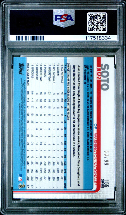 Juan Soto 2019 Topps Chrome Bat in one Hand Green Refractor #63/99 PSA 10 Gem Mint