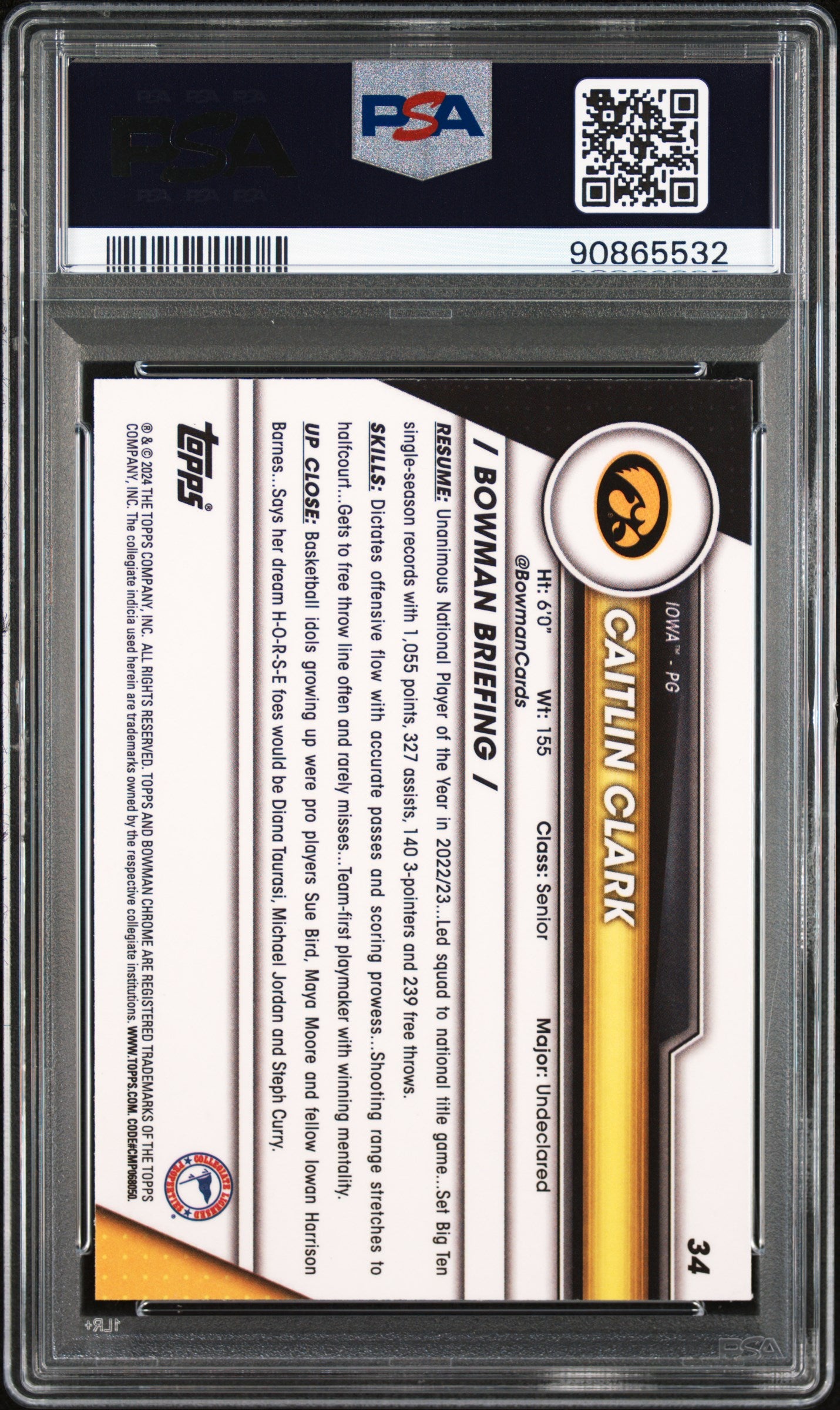 Caitlin Clark 2023 Bowman Chrome U #34 Pink Refractor PSA 10 Gem Mint
