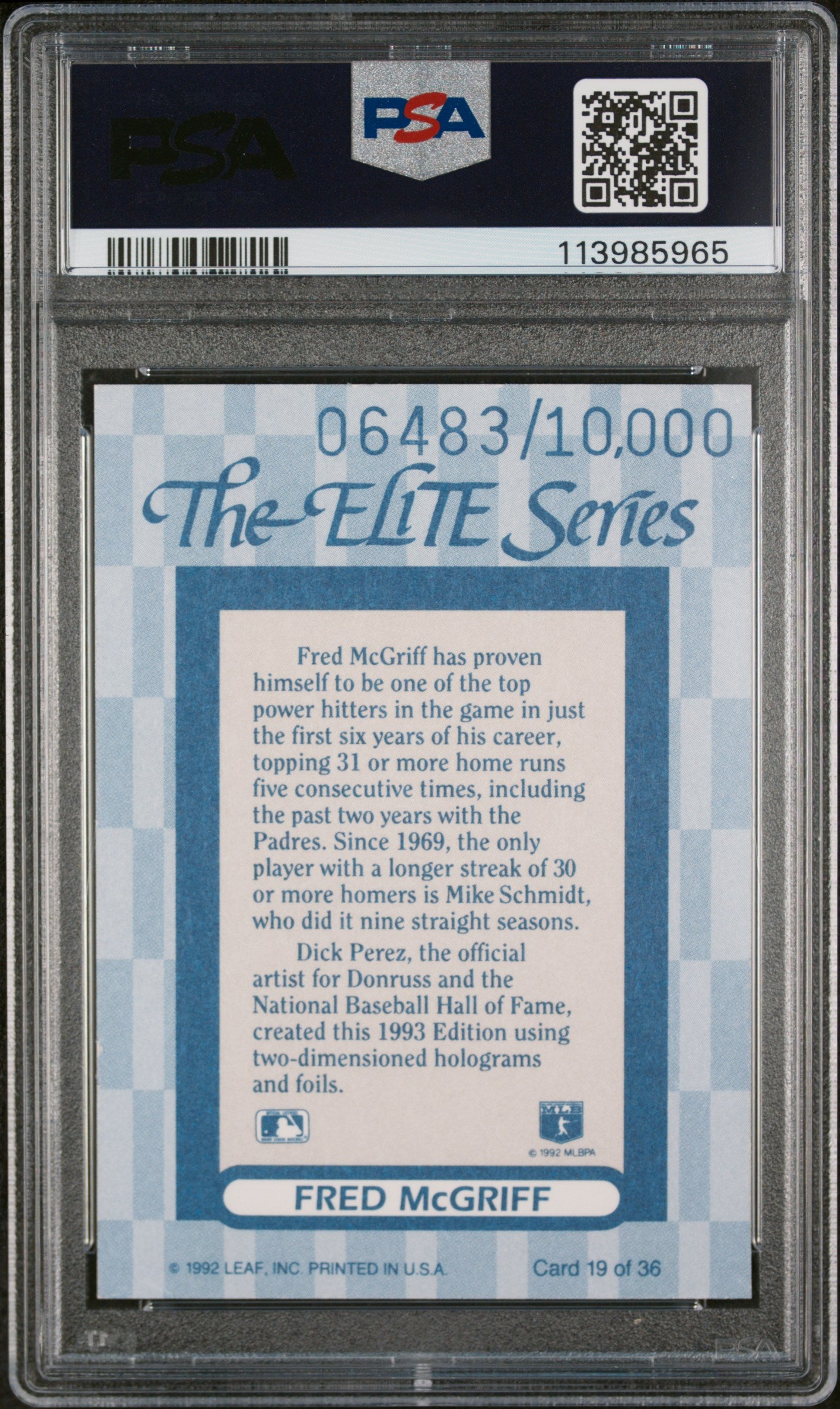 Fred McGriff 1993 Donruss Elite Series #19 #6483/10000 PSA 10 Gem Mint