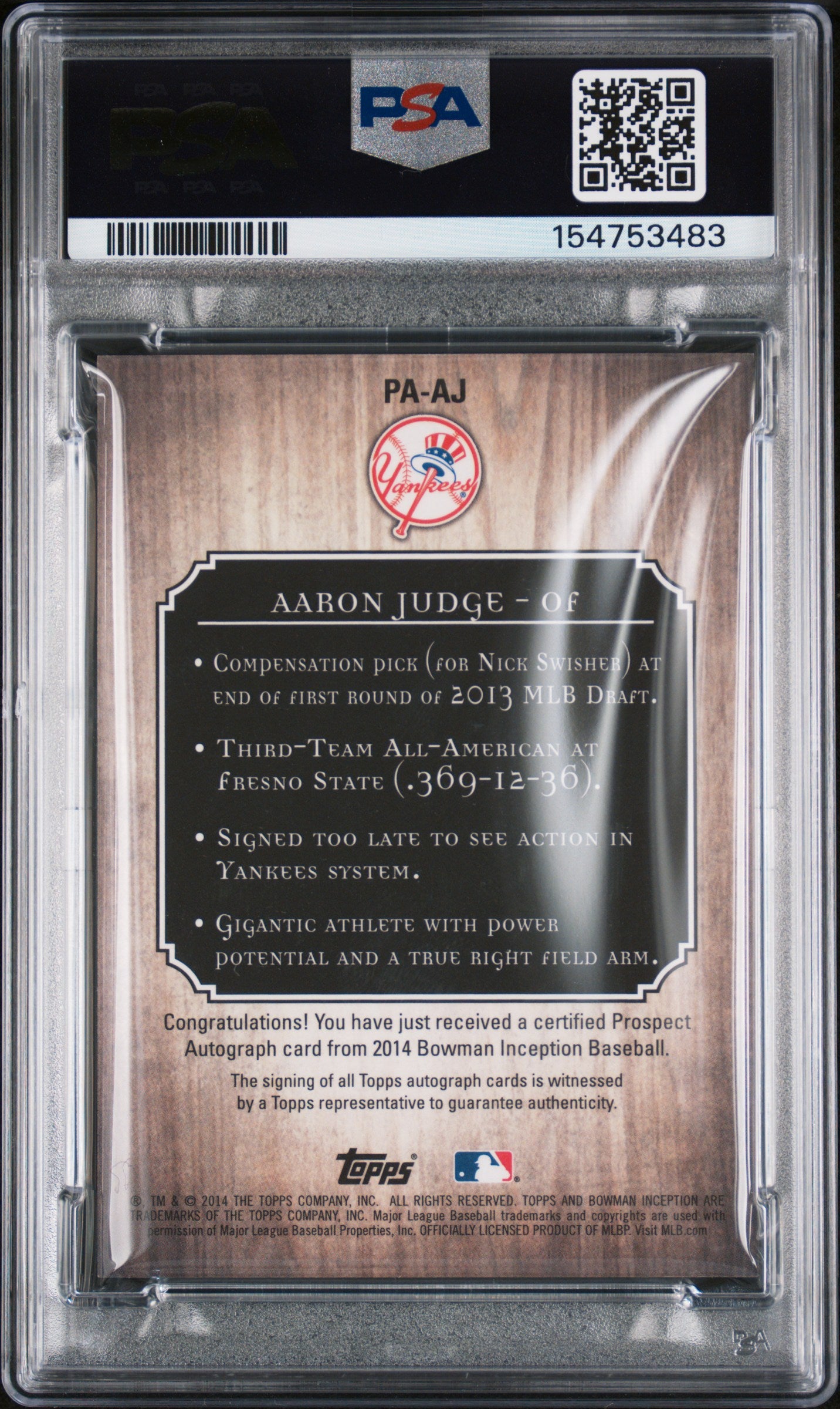 Aaron Judge 2014 Bowman Inception Prospect Auto PSA 9 Mint 3483