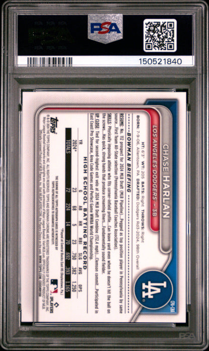 Chase Harlan 2024 Bowman Chrome Draft Blue Refractor Auto #63/150 PSA 10 Gem Mint