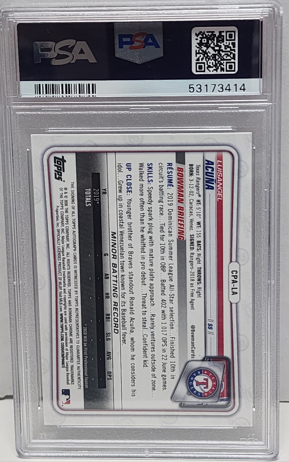 Luisangel Acuna 2020 Bowman Chrome Autograph PSA 10 Gem Mint