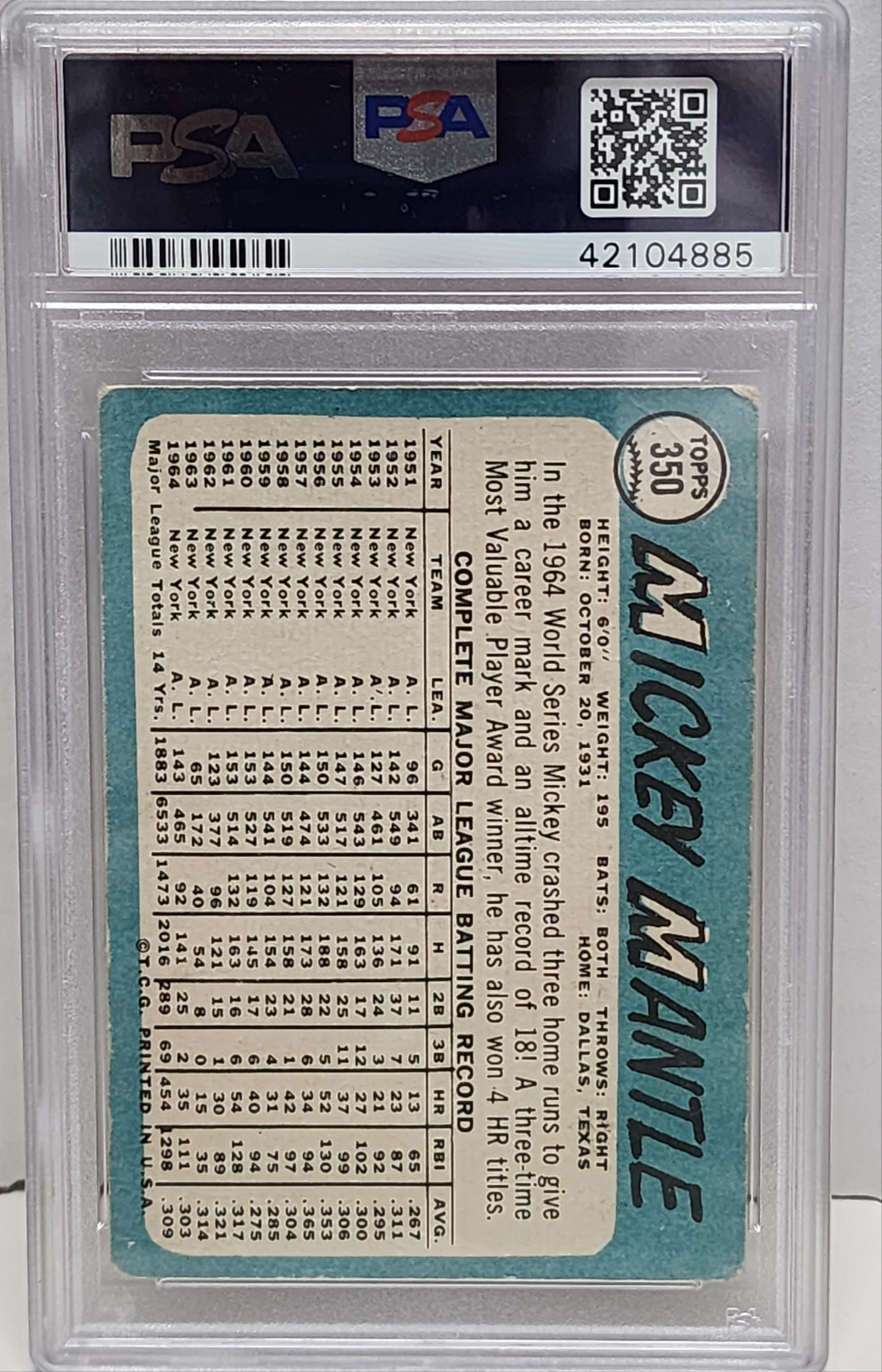 Mickey Mantle 1965 Topps #350 PSA 2 Good 4885