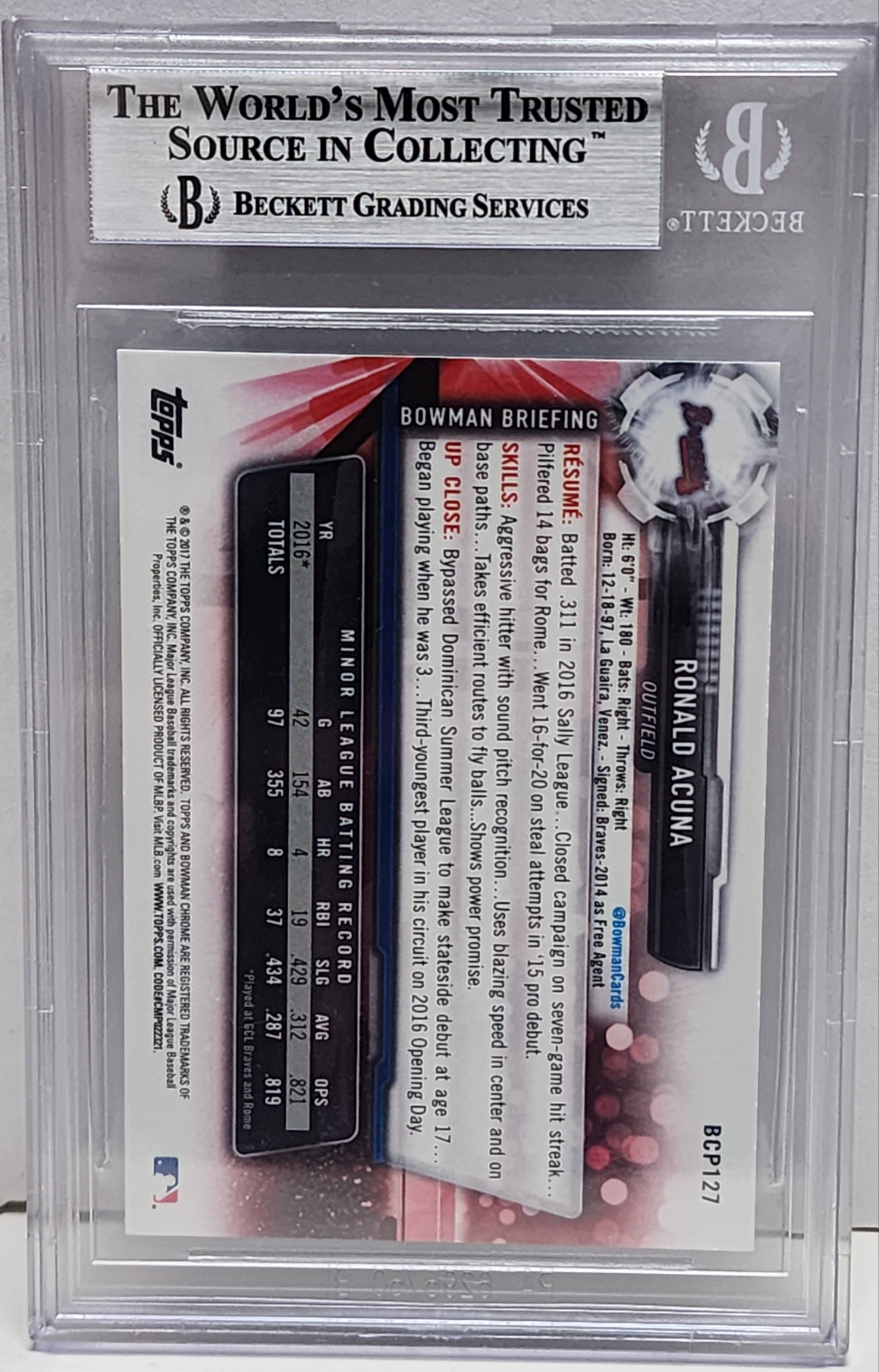 Ronald Acuna Jr. 2017 Bowman Chrome 70th Blue Refractor BGS 9 Mint