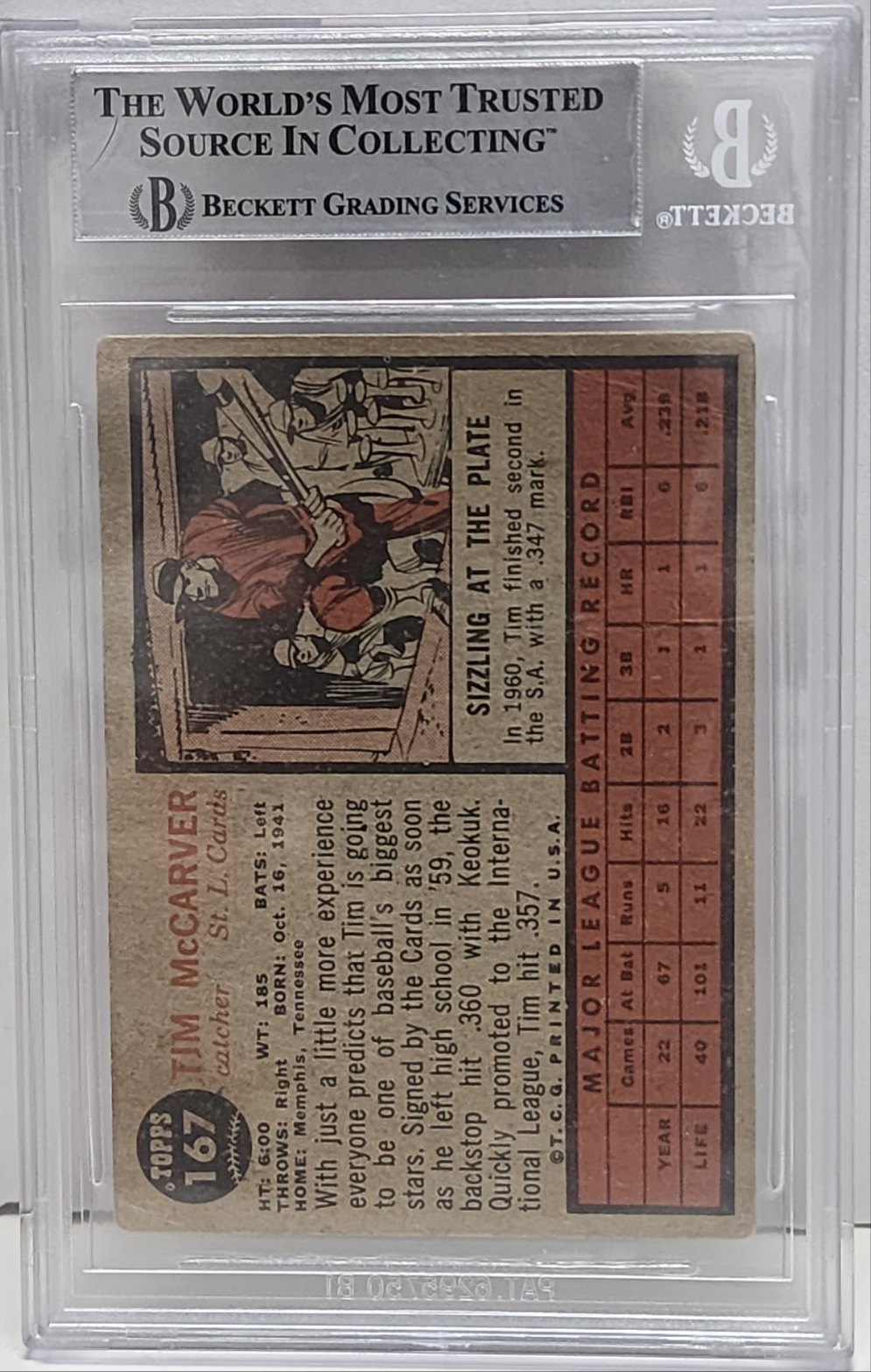 Tim McCarver 1962 Topps #167 Rookie Auto BGS Auth