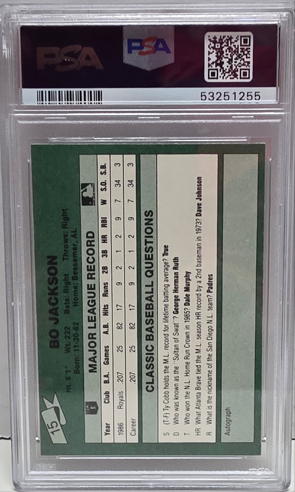 Bo Jackson 1987 Classic MLB Game Green Back #15 PSA 9 Mint