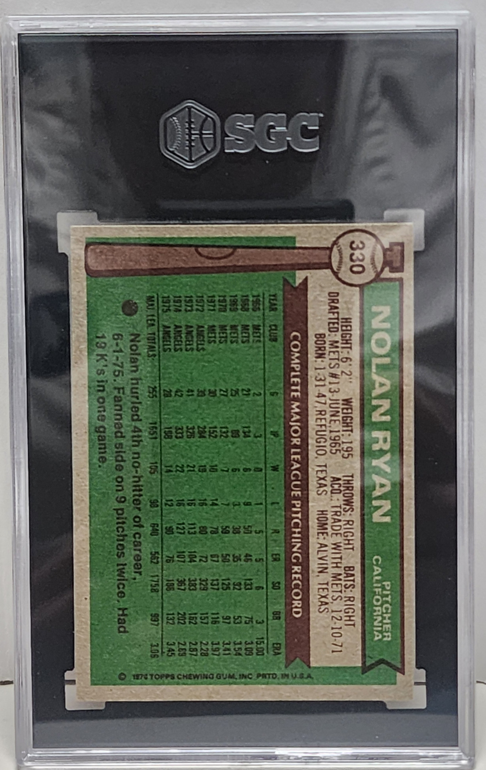 Nolan Ryan 1976 Topps #330 1976 Topps SGC 8 Nm-Mint