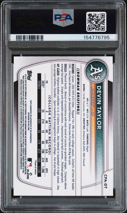 Devin Taylor 2025 Bowman Draft Purple Refractor Auto #179*/250 PSA 10 Gem Mint