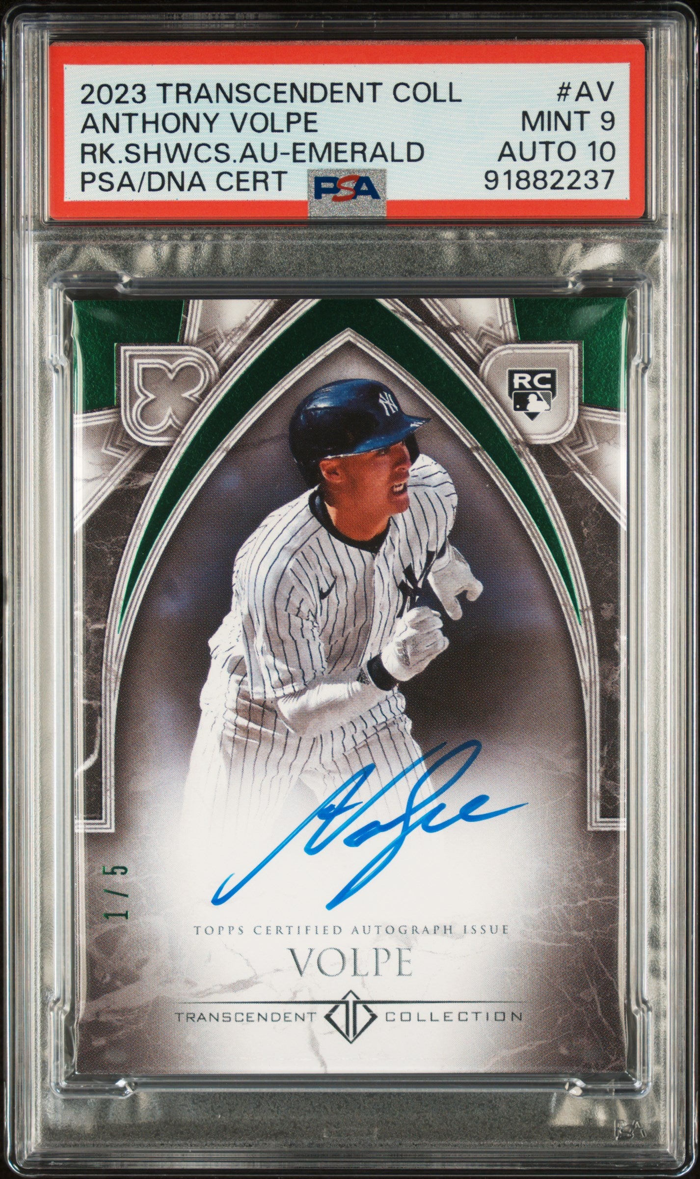 Anthony Volpe 2023 Topps Transcendent Emerald Auto #1/5 PSA 9 Auto 10