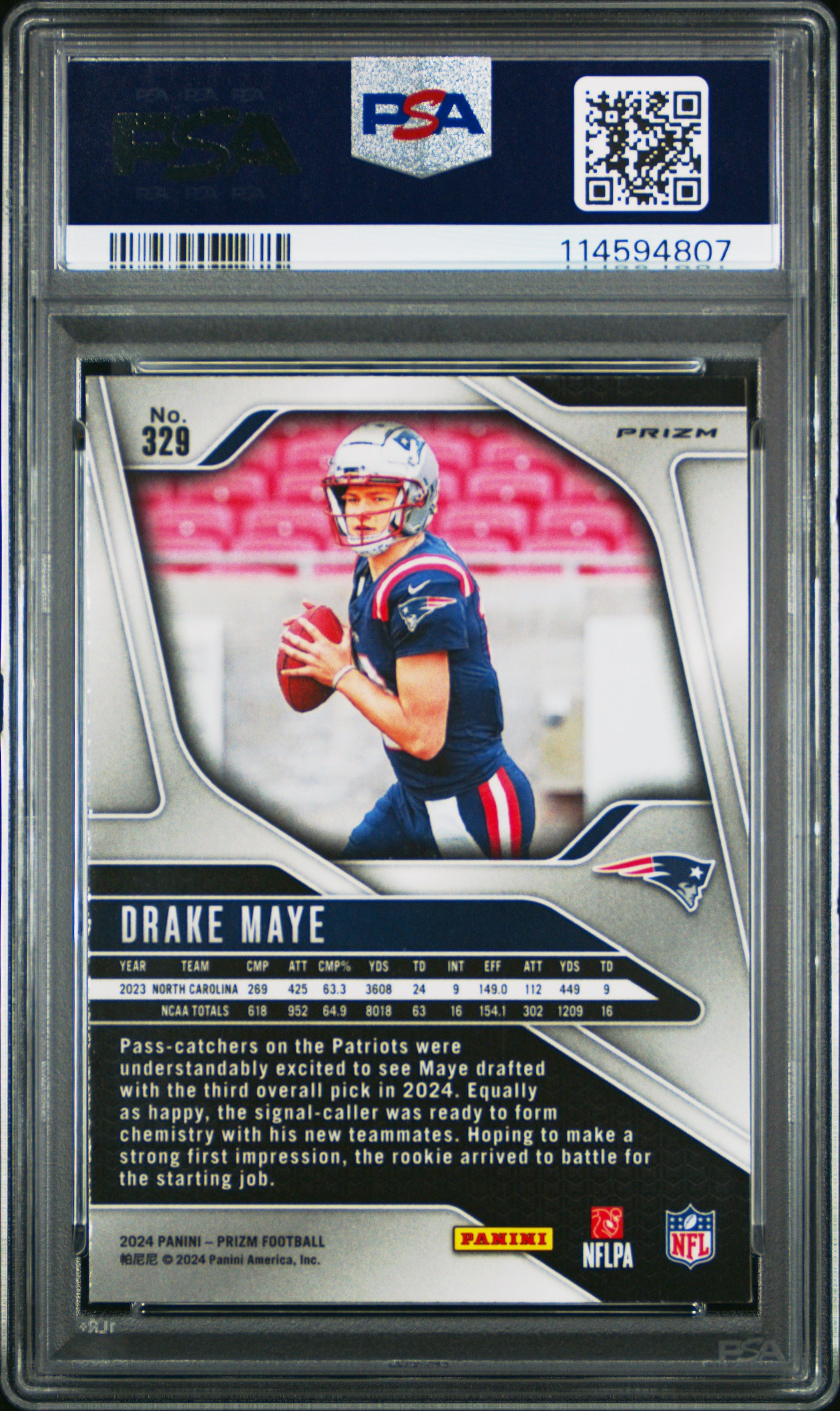 Drake Maye 2024 Panini Prizm Rookie #329 Red White Blue Prizm PSA 9 Mint