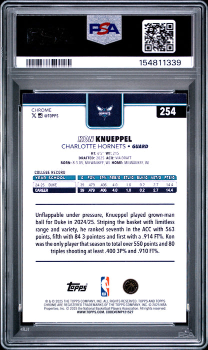 Kon Knueppel 2025 Topps Chrome X-Fractor Rookie #254 PSA 9 Mint 1339