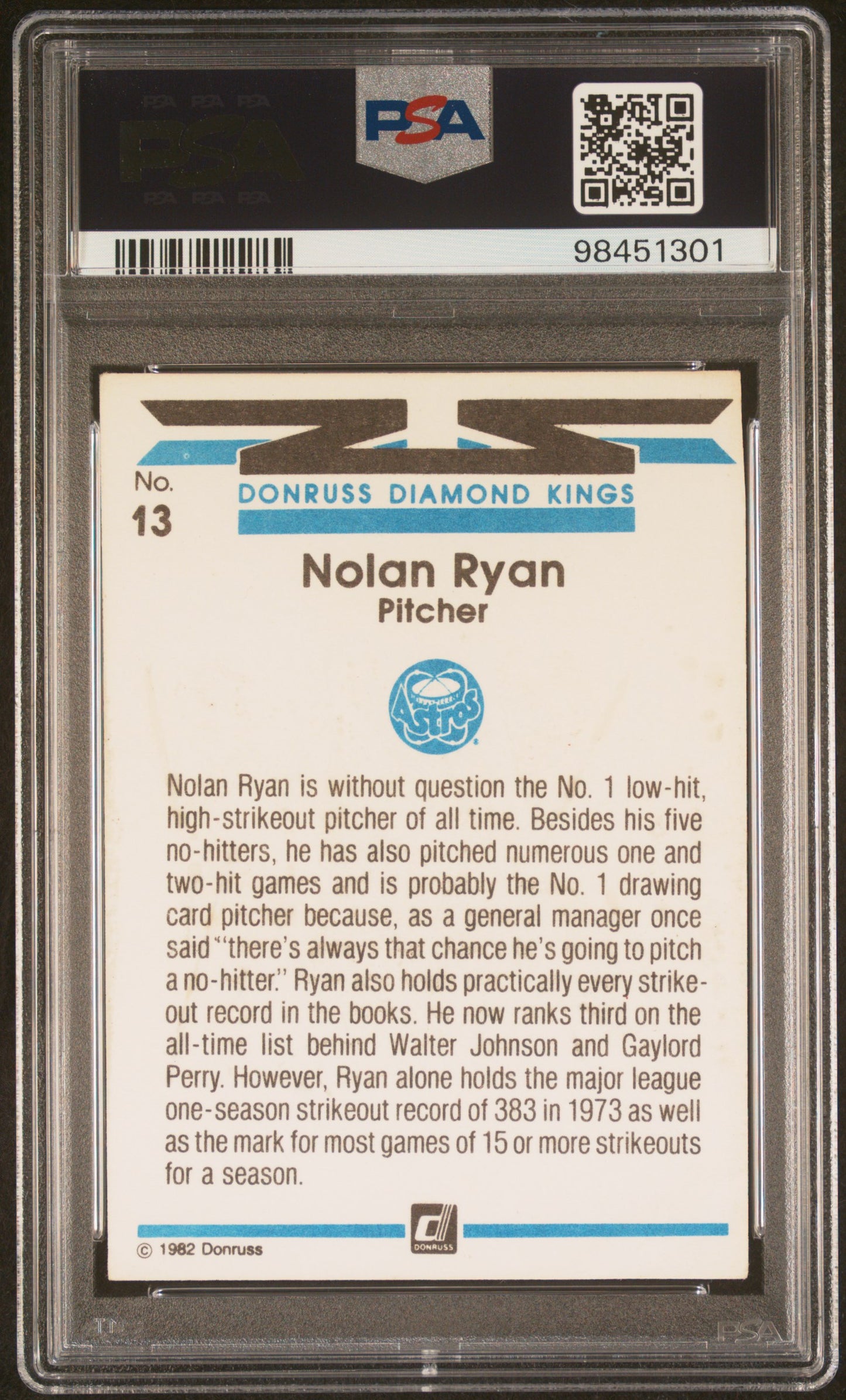 Nolan Ryan 1982 Donruss #13 Autograph PSA Auth