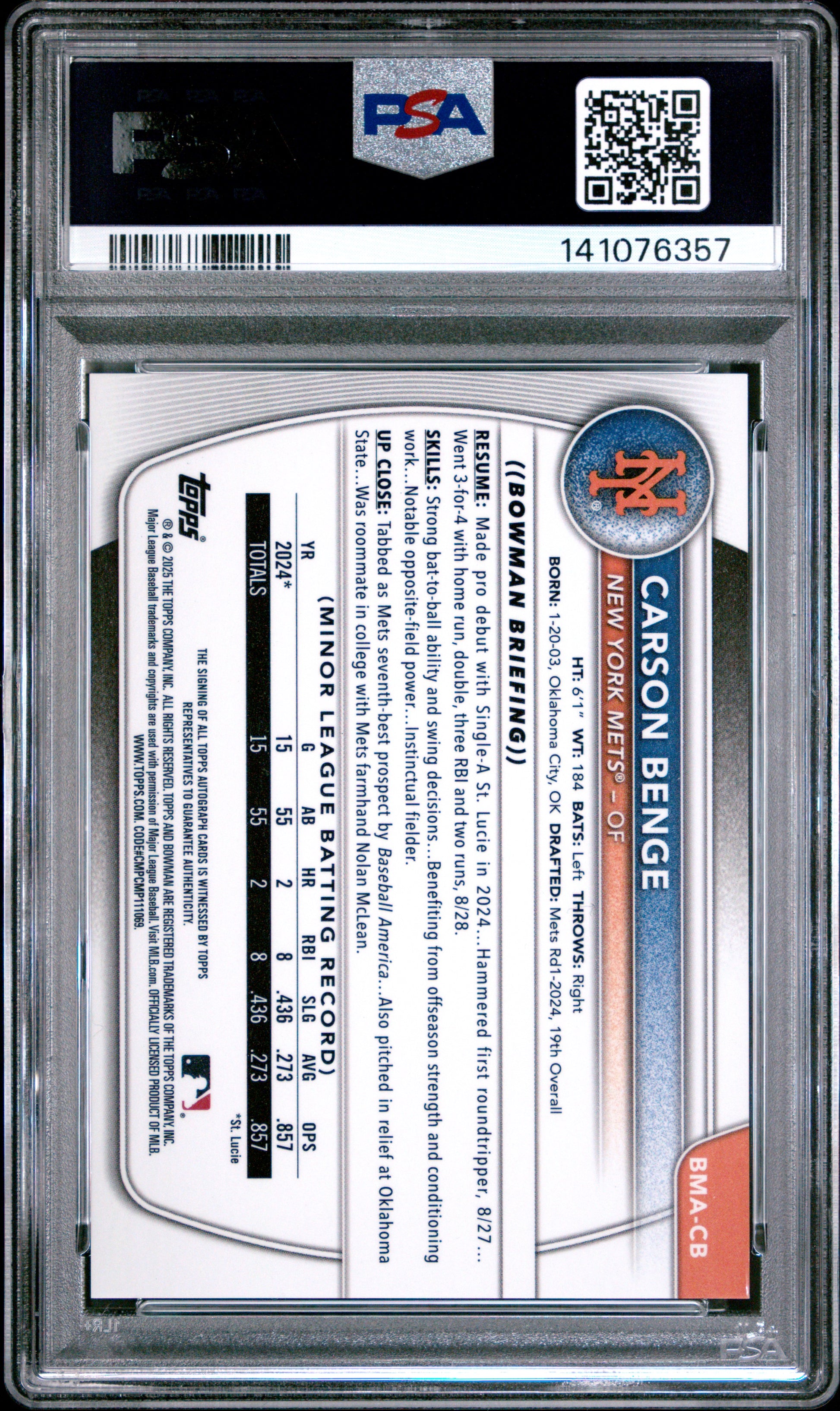 Carson Benge 2025 Bowman Chrome Mega Box Orange Refractor Auto #14/25 PSA 10 Gem Mint