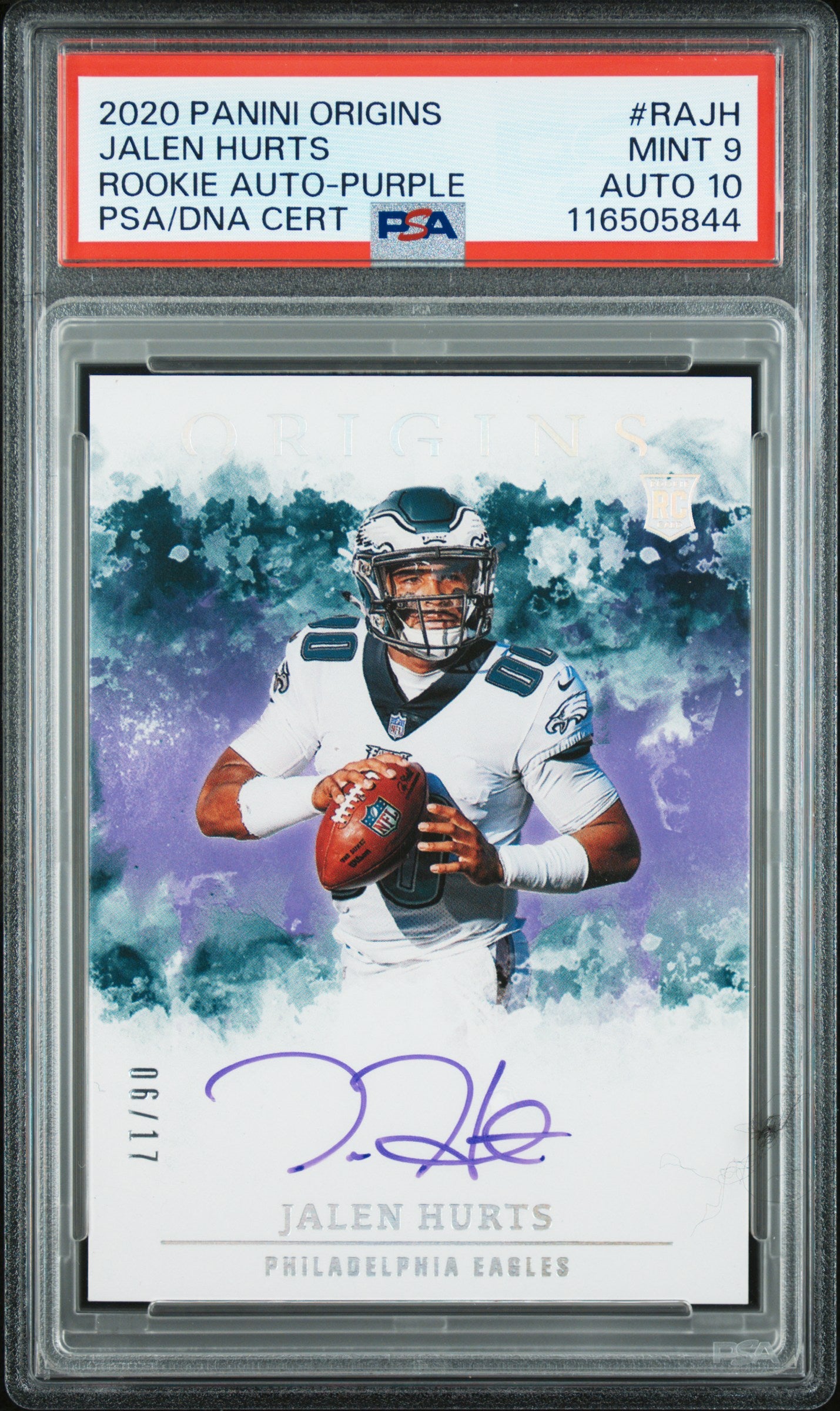 Jalen Hurts 2020 Panini Origins Rookie Auto Purple #6/17 PSA 9 Auto 10