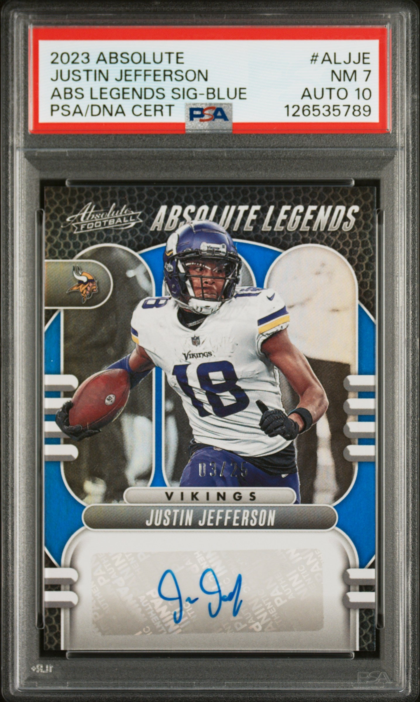 Justin Jefferson 2023 Panini Absiolute Legends Blue Autograph #3/25 PSA 7 Auto 10