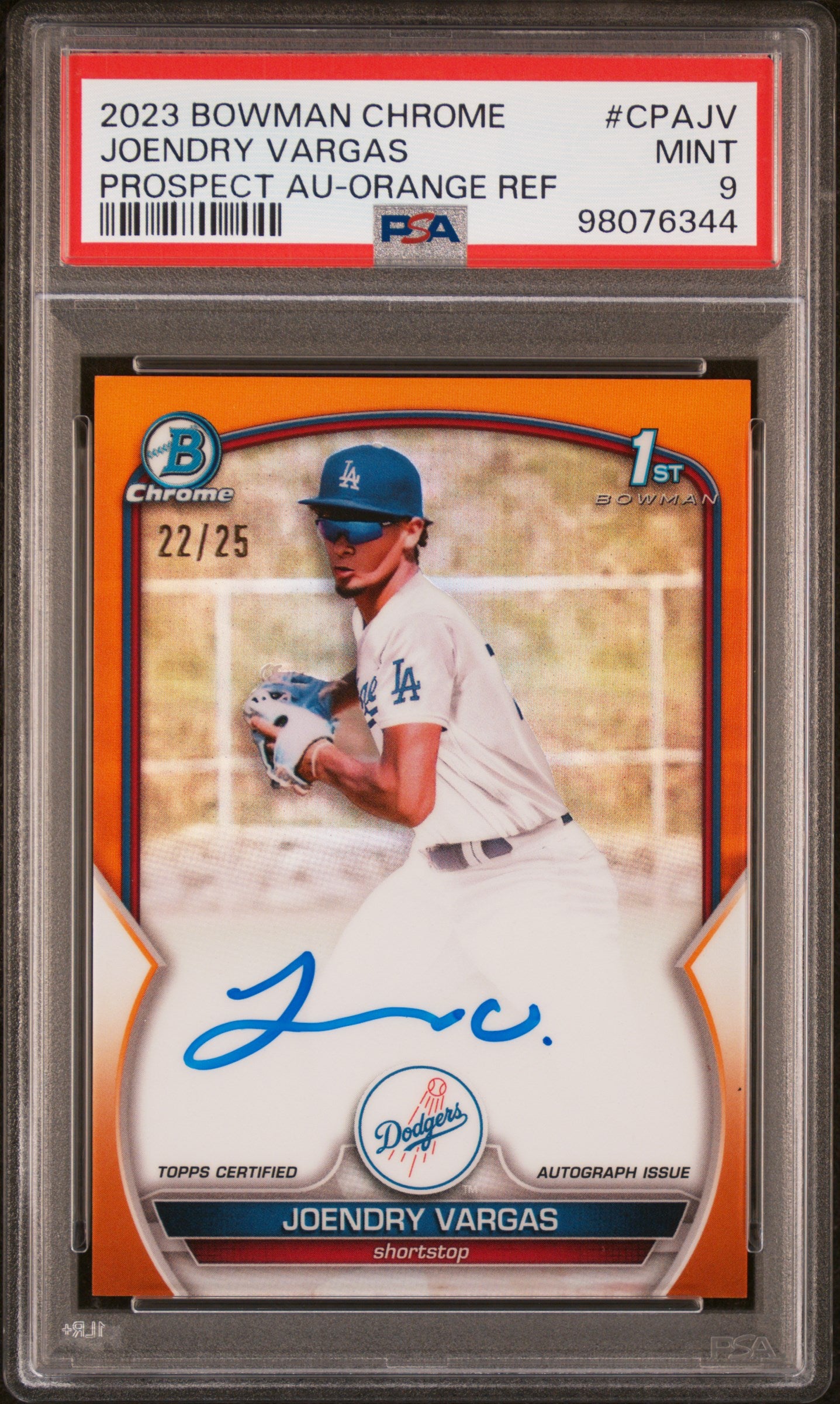 Joendry Vargas 2023 Bowman Chrome Draft Orange Refractor Auto #22/25 PSA 9 Mint