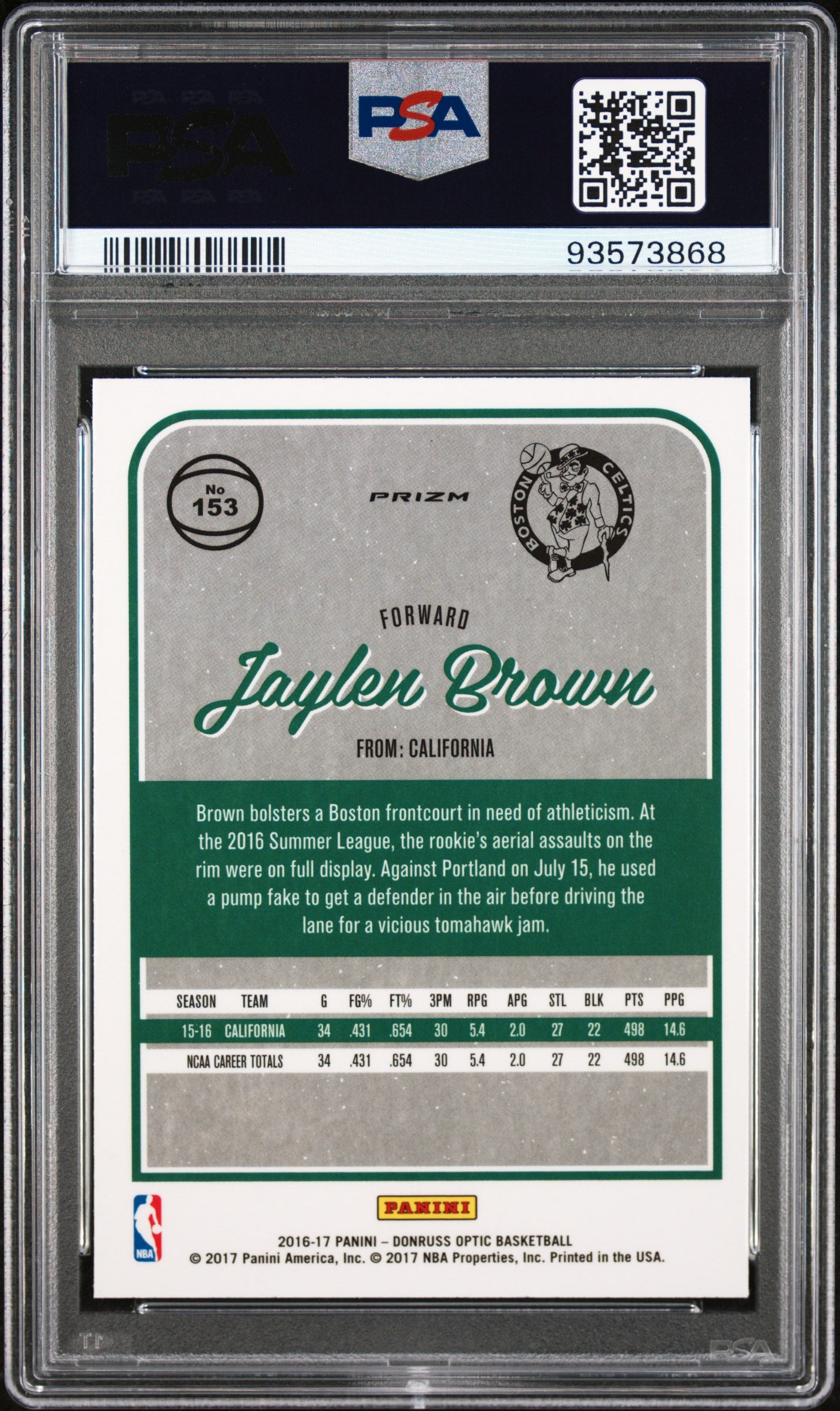 Jaylen Brown 2016 Donruss Optic Rookie #153 Purple PSA 10 Gem Mint