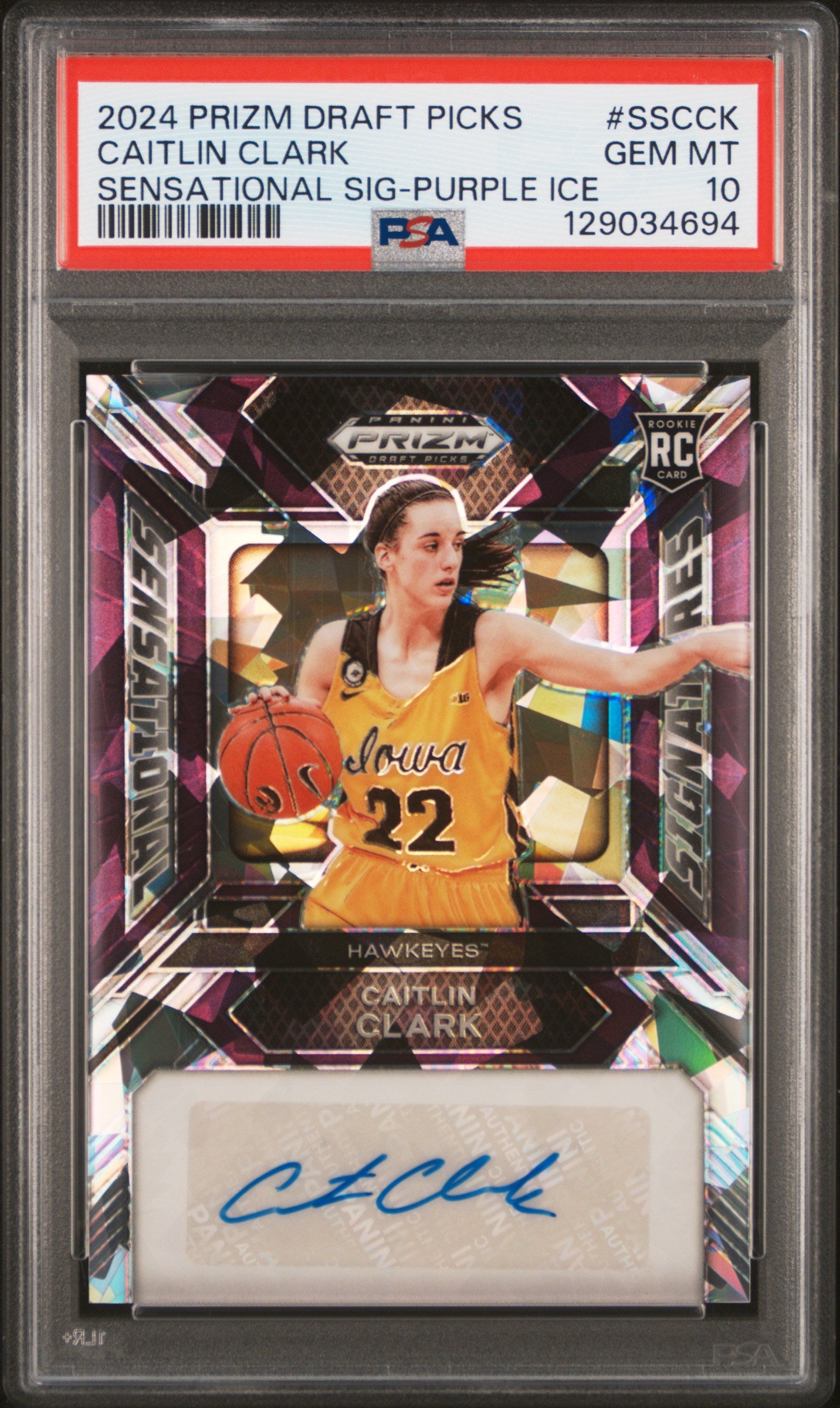 Caitlin Clark 2024 Panini Prizm Draft Picks Sensational Signatures Auto Purple Ice #96/99 PSA 10 Gem Mint