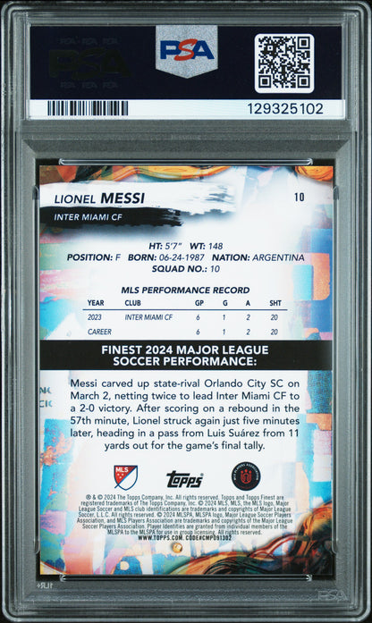 Lionel Messi 2024 TOpps Finest MLS #10 Holo Glow Gold Refractor #23/50 PSA 8 Nm-Mint