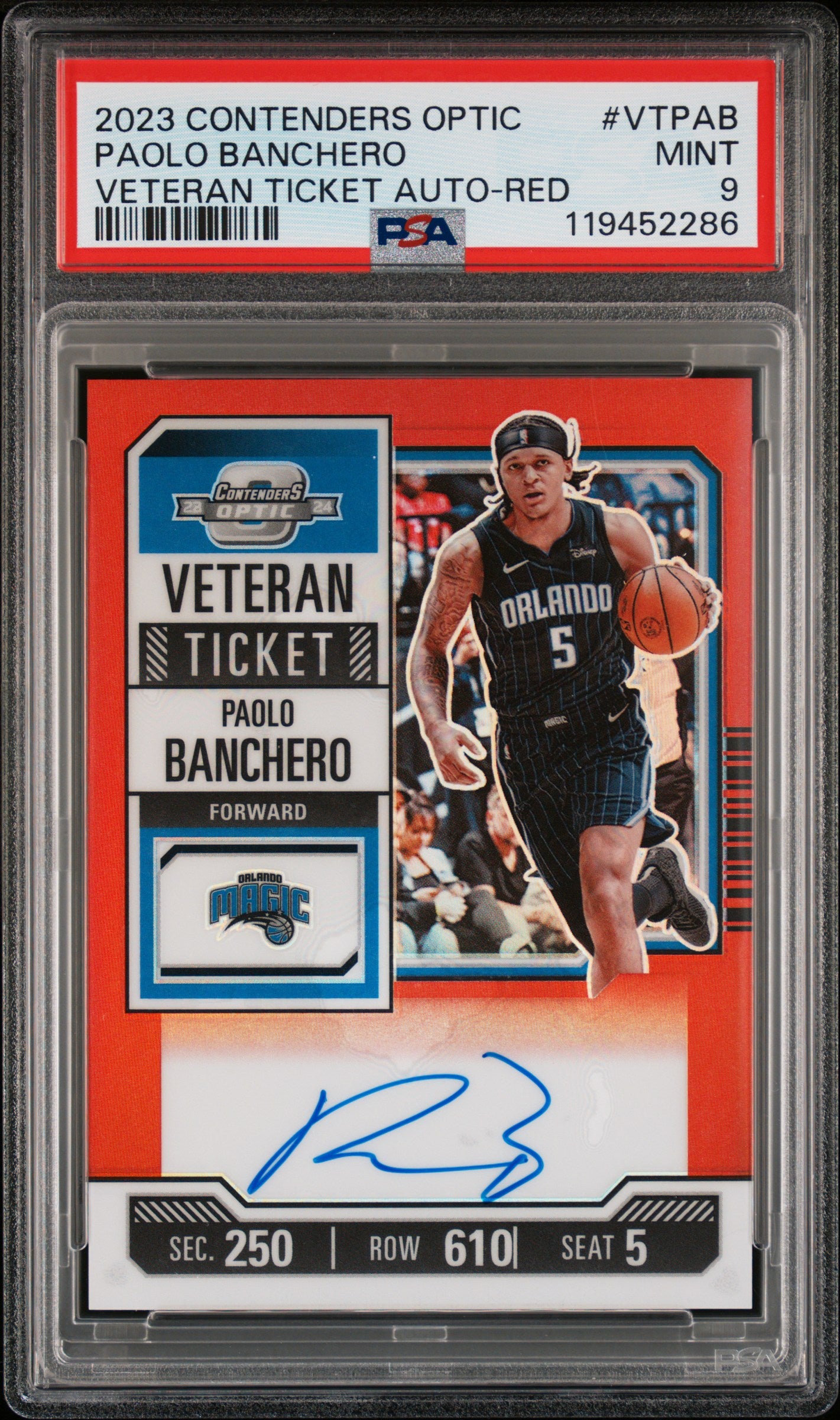 Paolo Banchero 2023 Panini Contenders Optic Veteran Ticket Red Auto #14/49 PSA 9 Mint