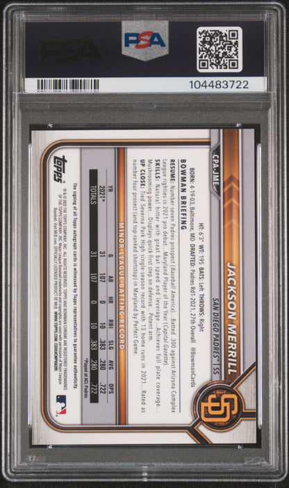 Jackson Merrill 2022 Bowman Chrome Speckle Refractor Auto #77/299 PSA 9 Auto 10